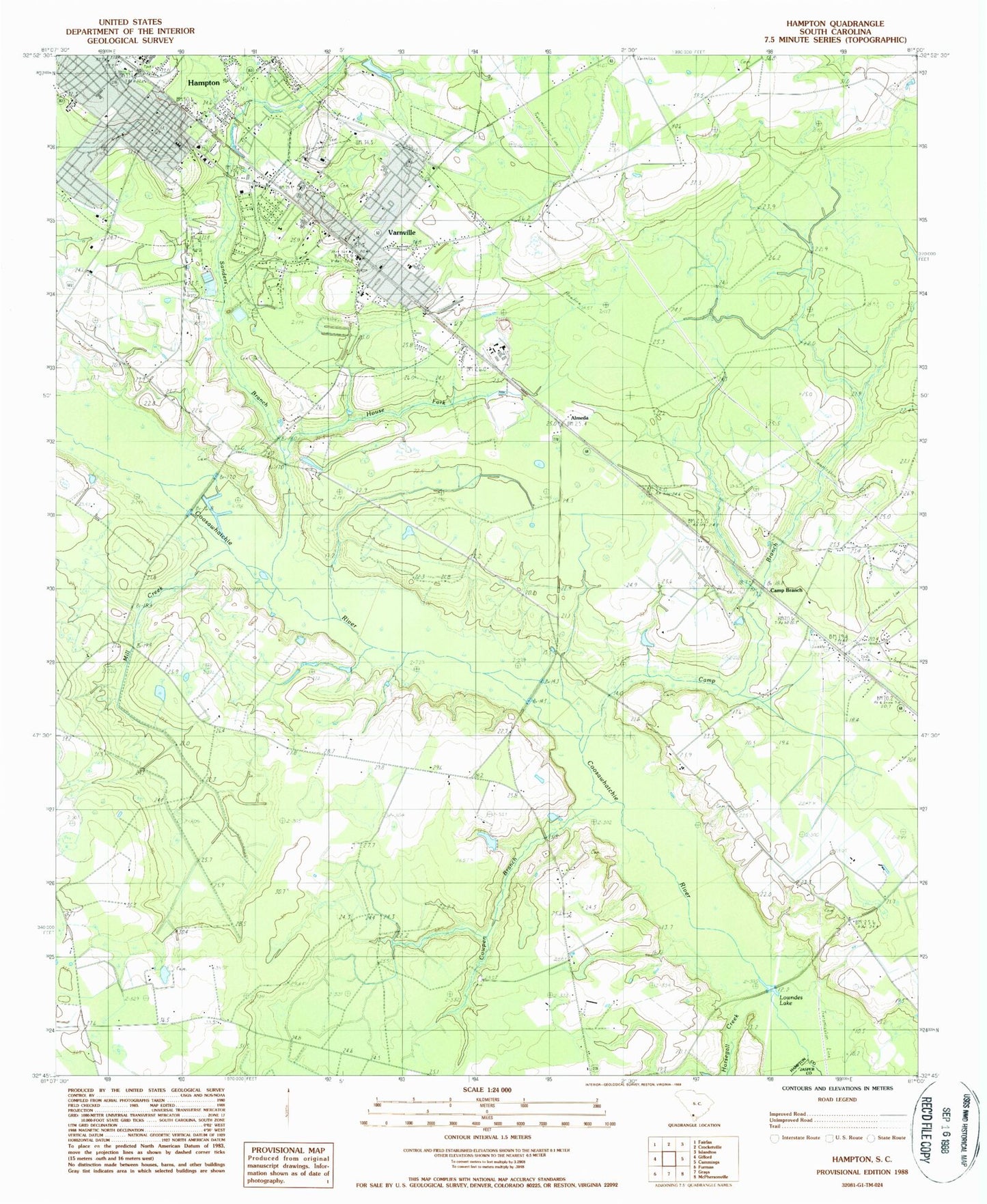 Classic USGS Hampton South Carolina 7.5'x7.5' Topo Map Image