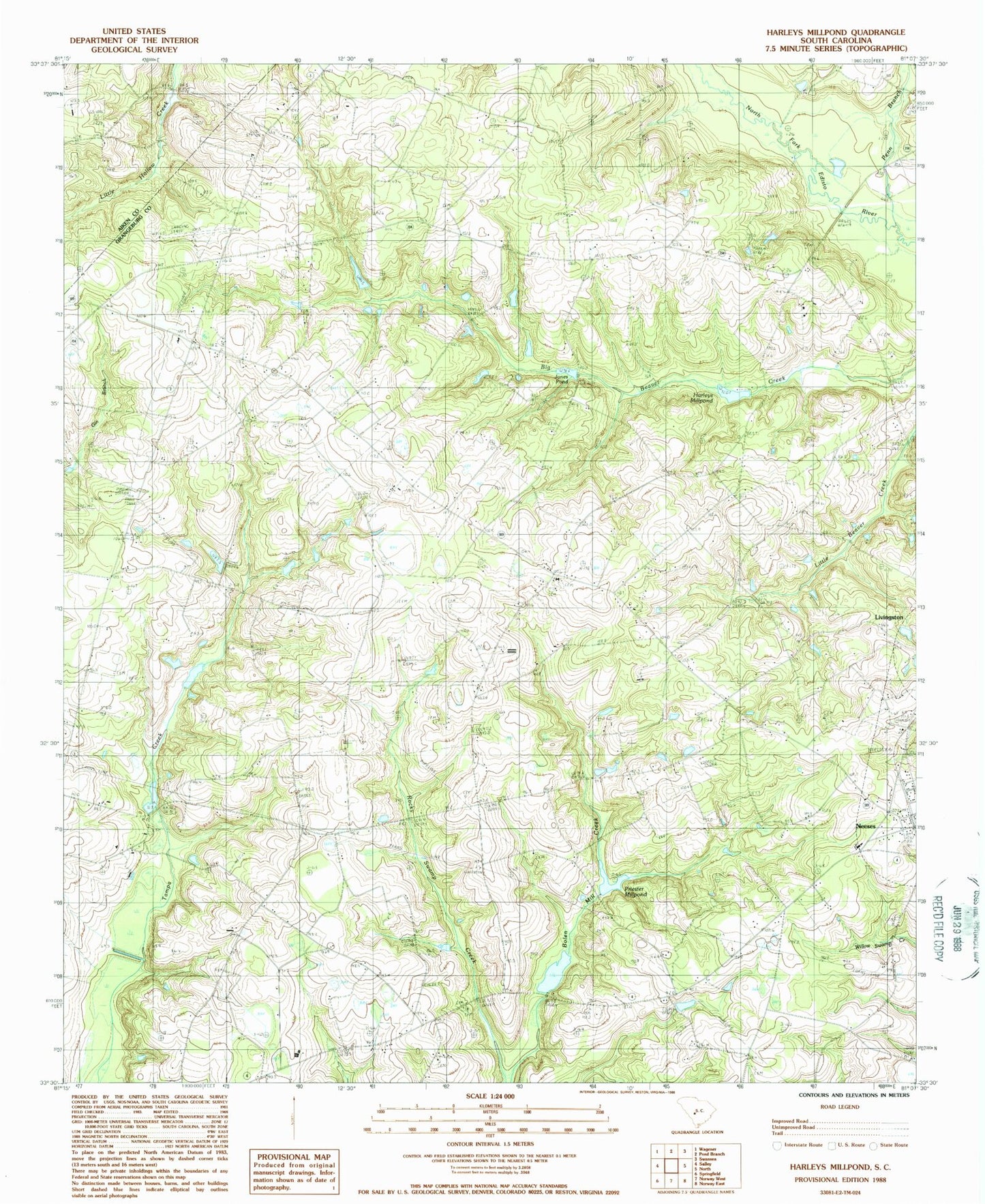 Classic USGS Harleys Millpond South Carolina 7.5'x7.5' Topo Map Image