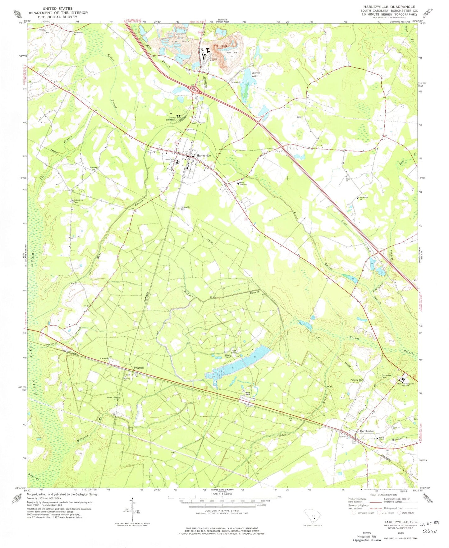 Classic USGS Harleyville South Carolina 7.5'x7.5' Topo Map Image
