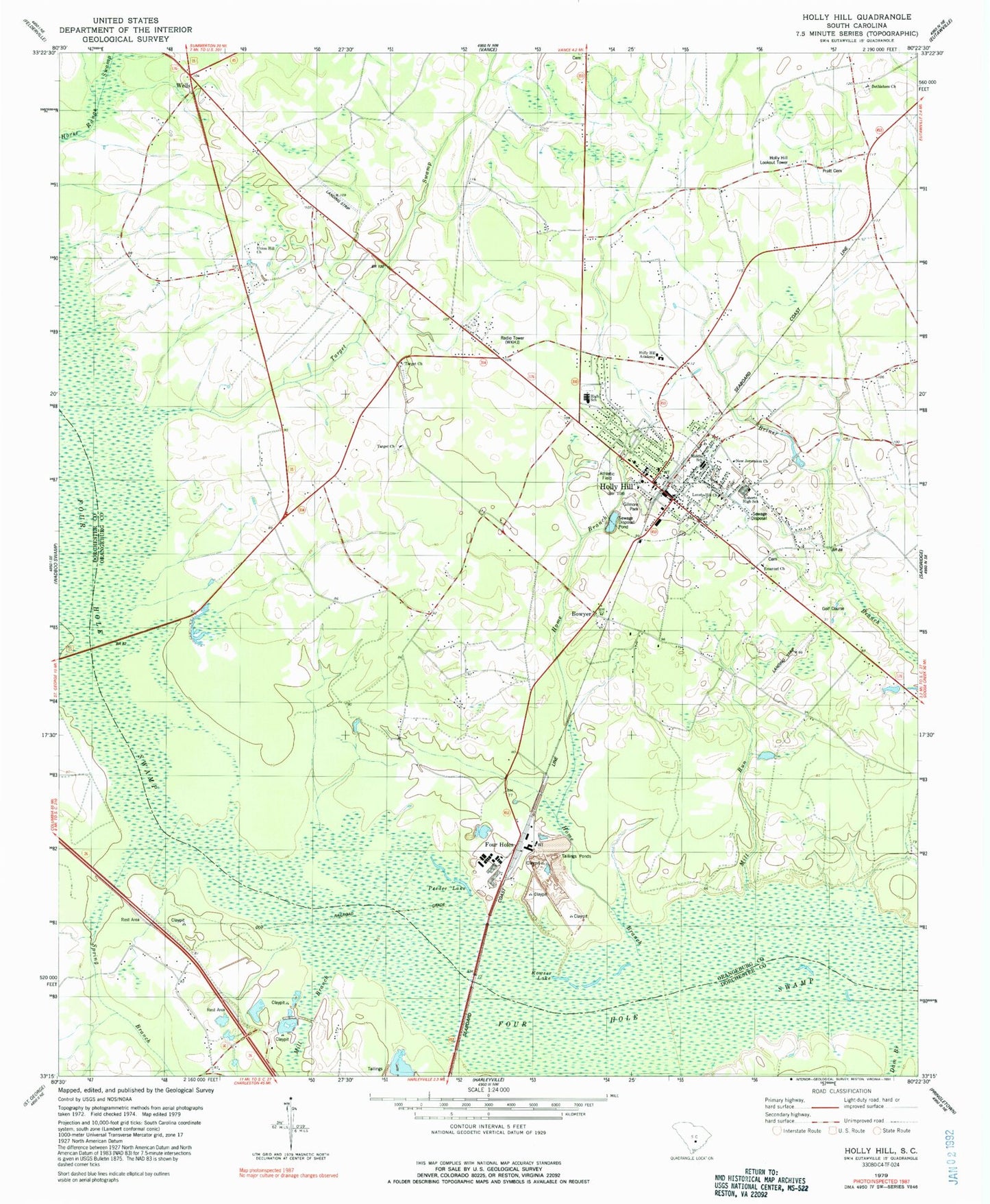 Classic USGS Holly Hill South Carolina 7.5'x7.5' Topo Map Image