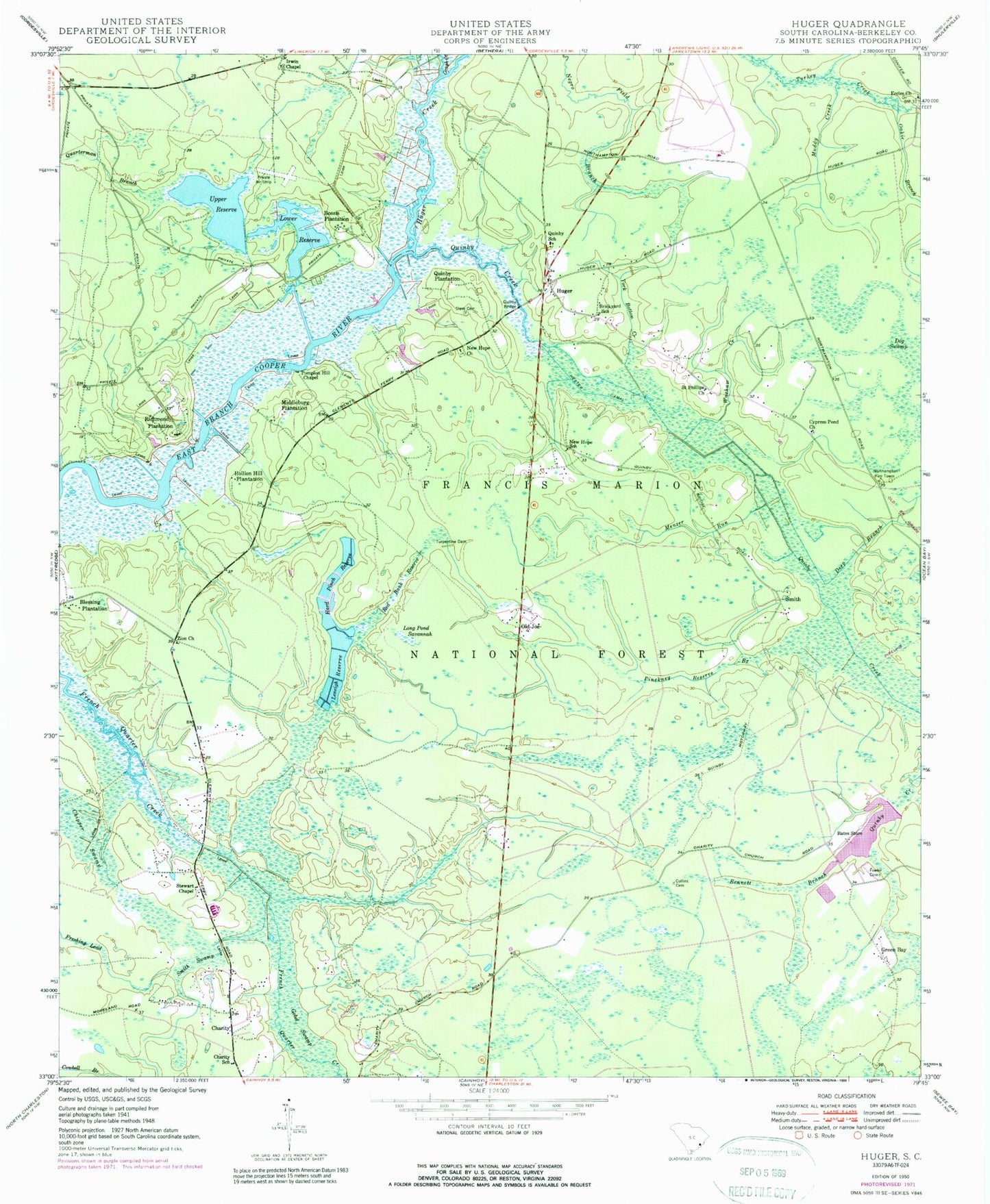 Classic USGS Huger South Carolina 7.5'x7.5' Topo Map Image