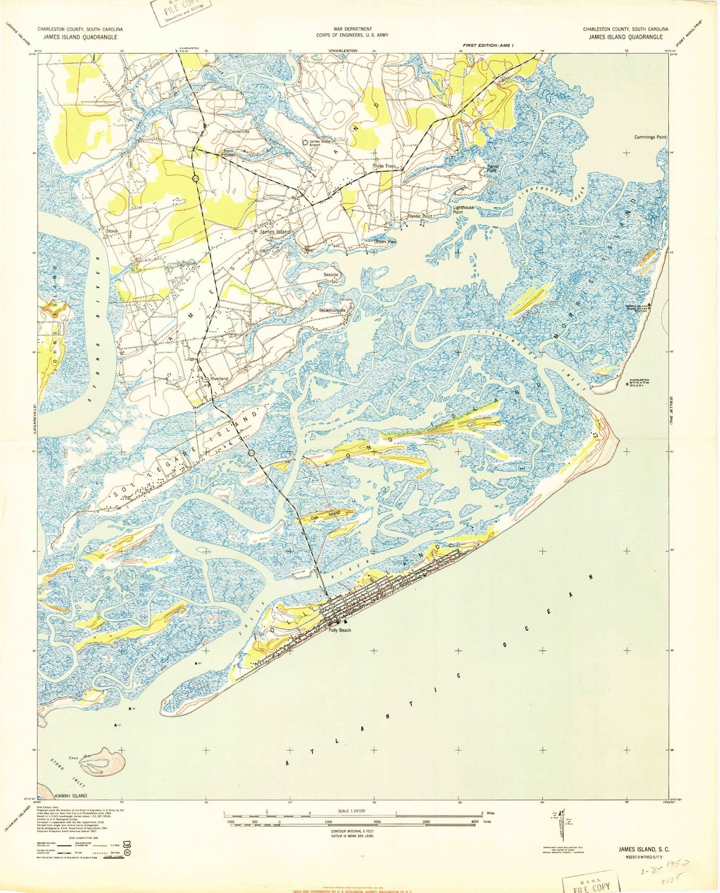 Classic USGS James Island South Carolina 7.5'x7.5' Topo Map Image