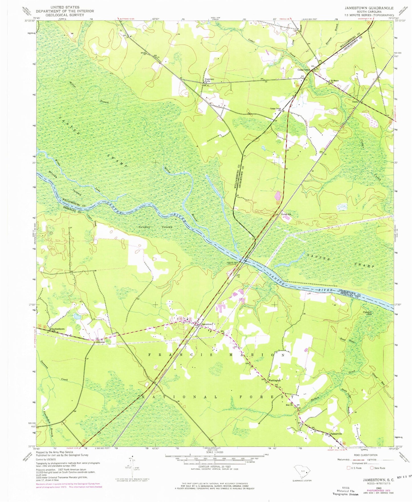 Classic USGS Jamestown South Carolina 7.5'x7.5' Topo Map Image