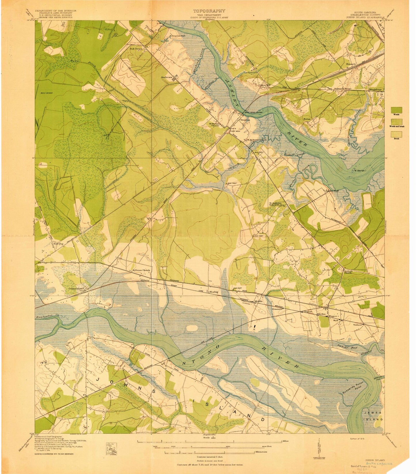 Classic USGS Johns Island South Carolina 7.5'x7.5' Topo Map Image