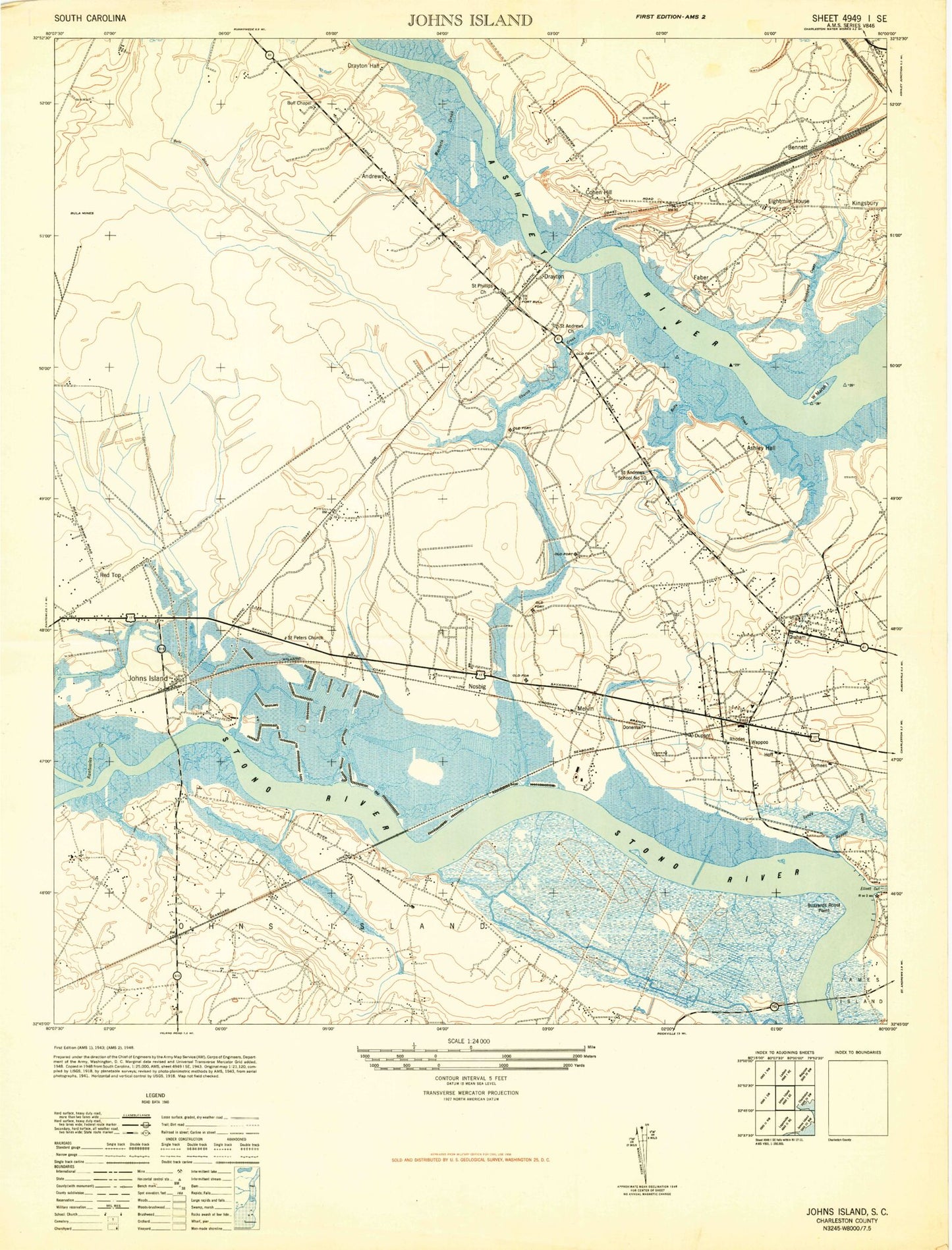 Classic USGS Johns Island South Carolina 7.5'x7.5' Topo Map Image