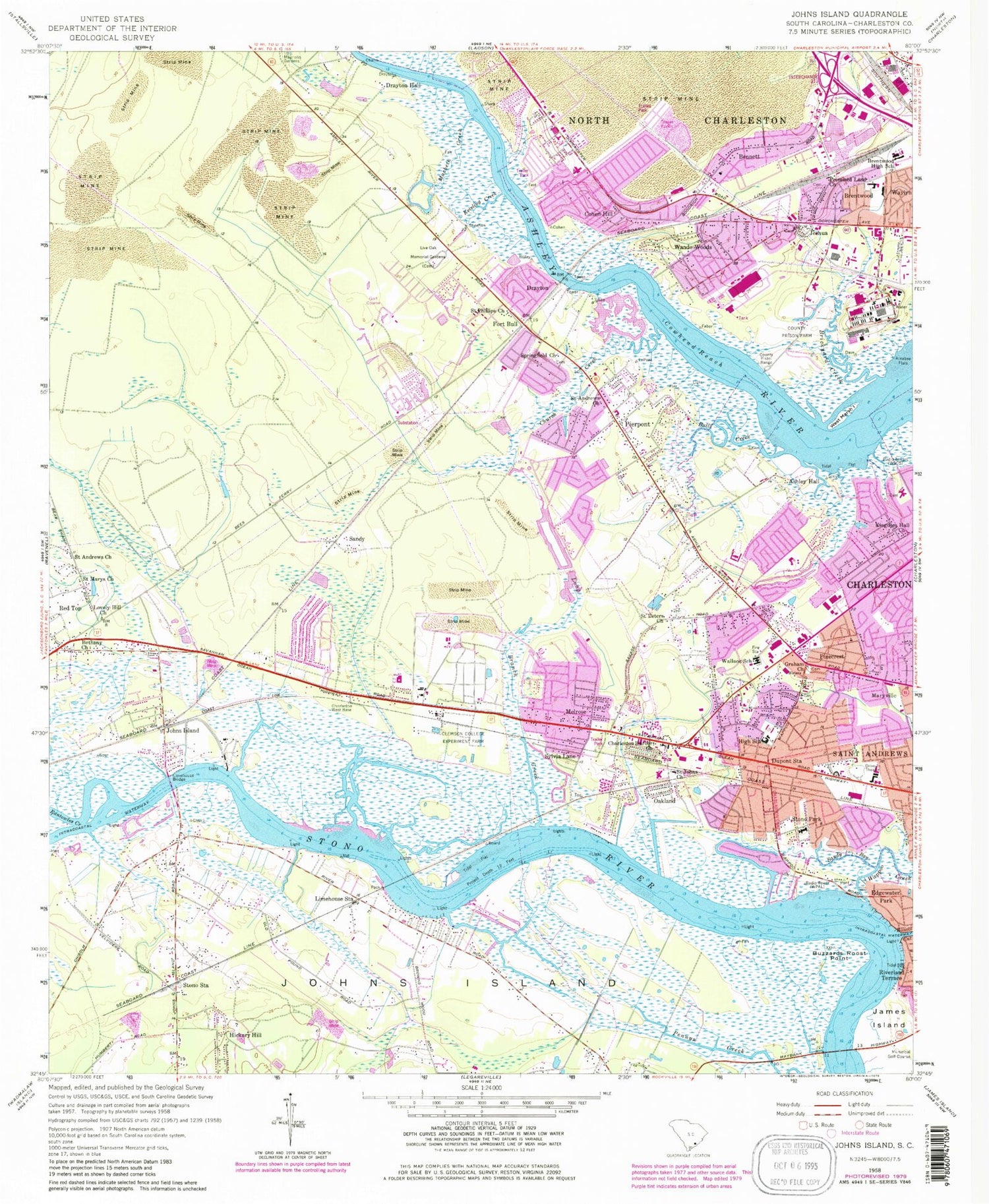 Classic USGS Johns Island South Carolina 7.5'x7.5' Topo Map Image