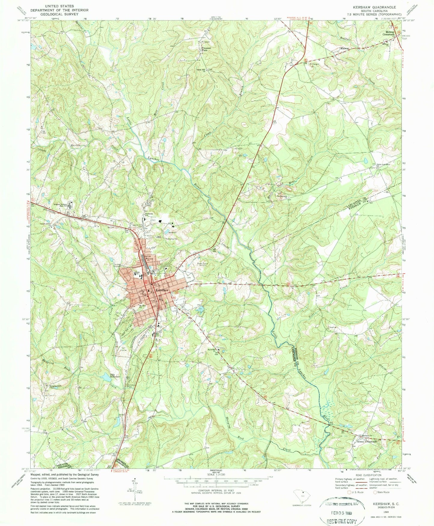 Classic USGS Kershaw South Carolina 7.5'x7.5' Topo Map Image