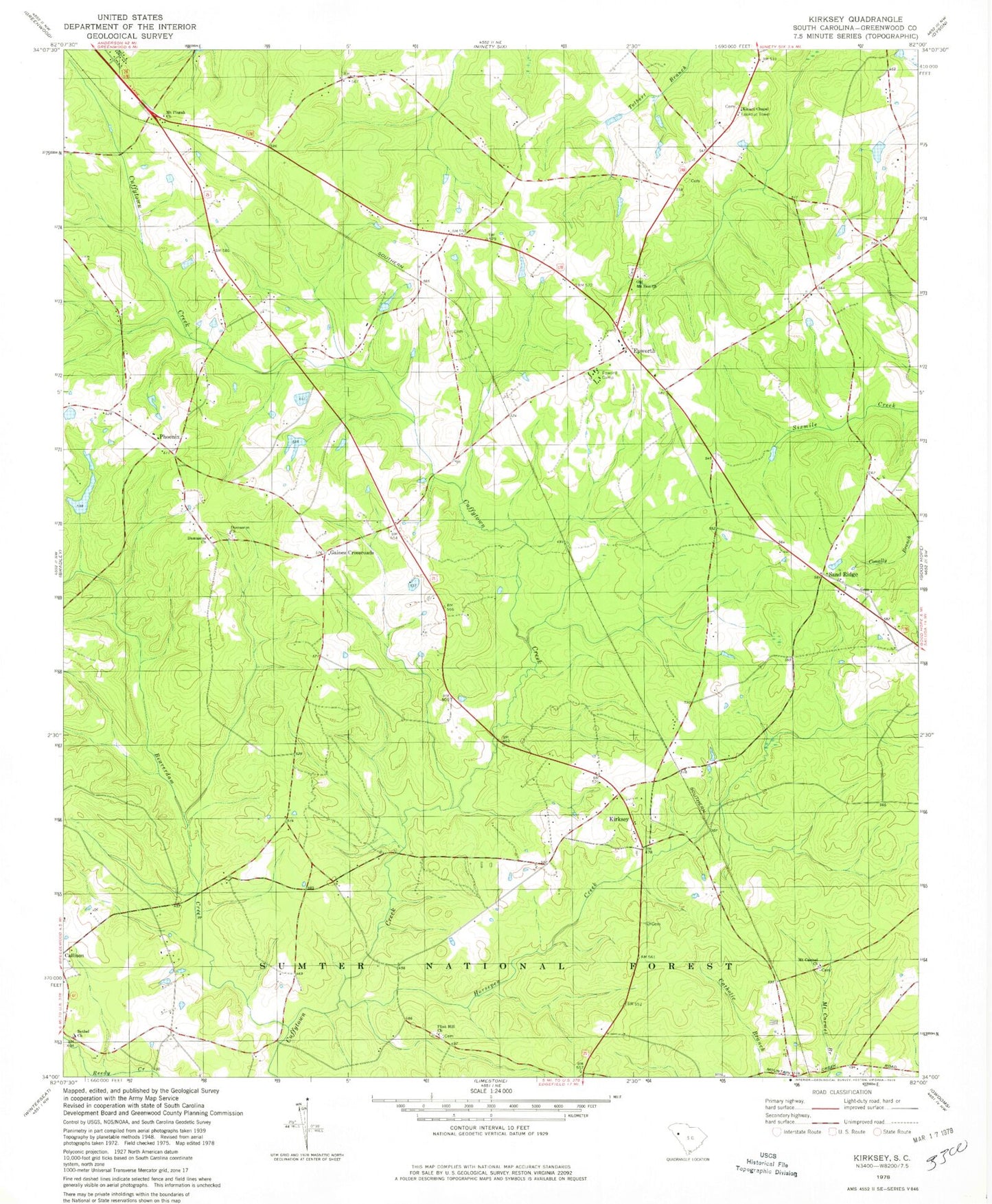 Classic USGS Kirksey South Carolina 7.5'x7.5' Topo Map Image