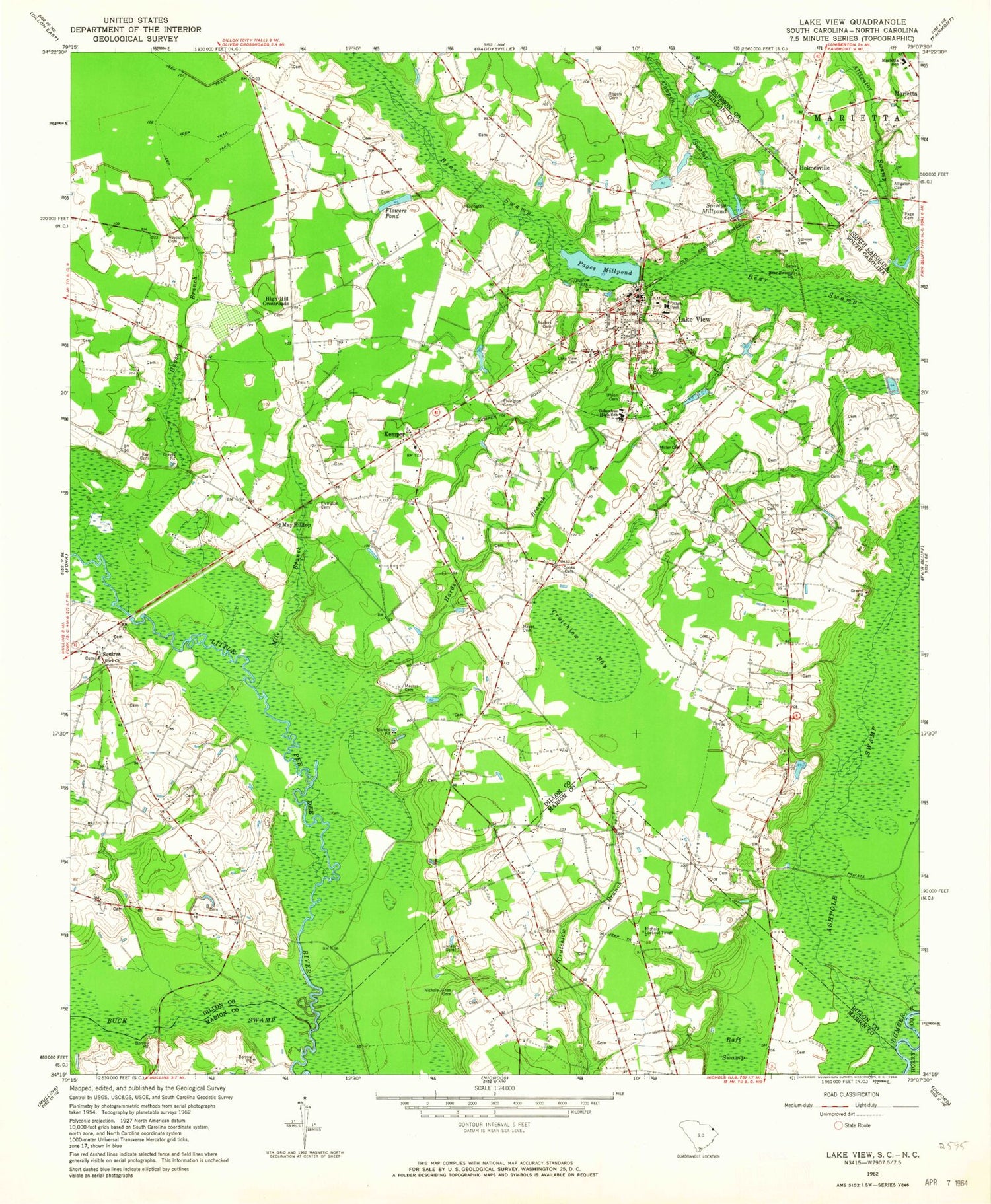 Classic USGS Lake View South Carolina 7.5'x7.5' Topo Map Image