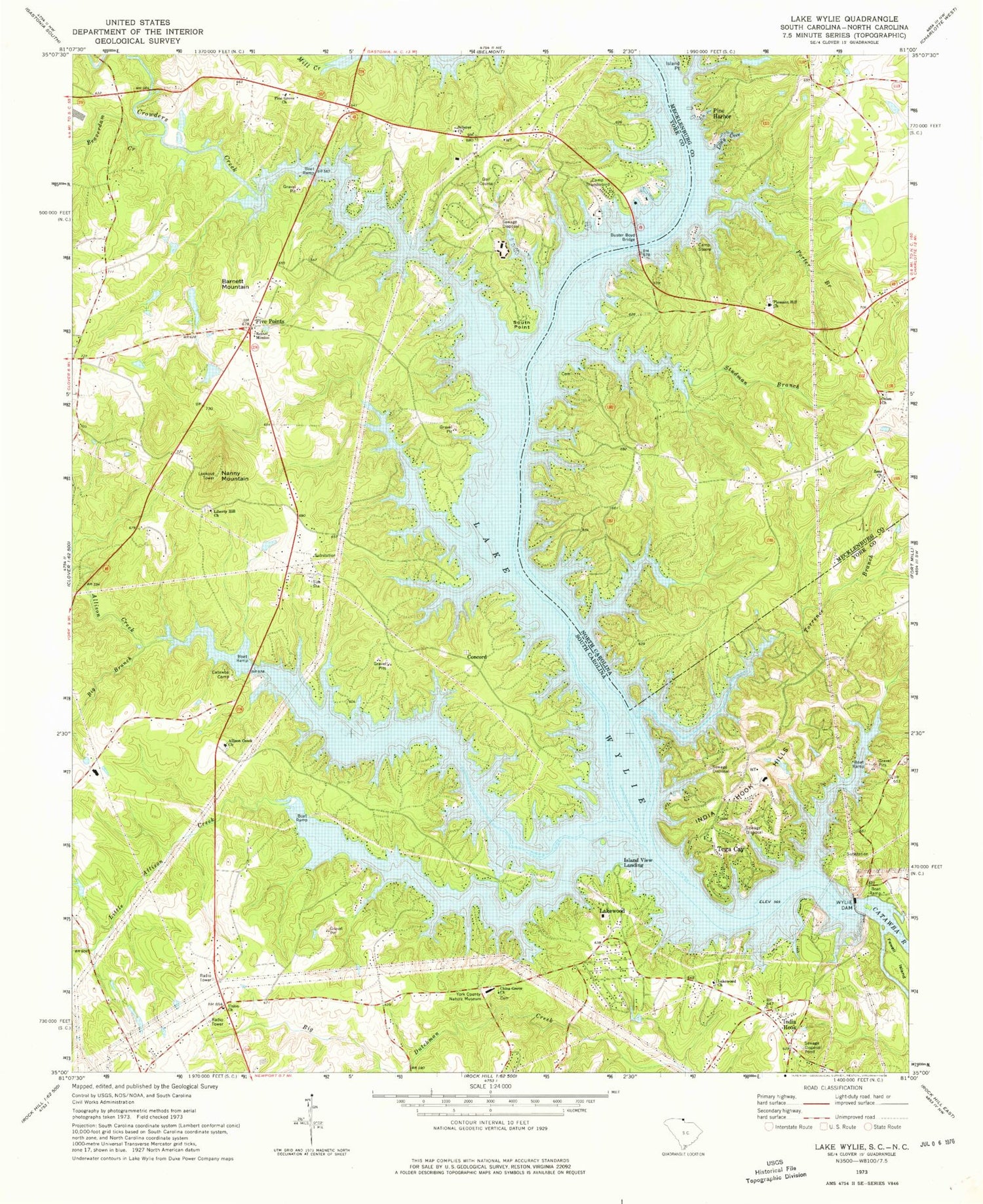 Classic USGS Lake Wylie South Carolina 7.5'x7.5' Topo Map Image
