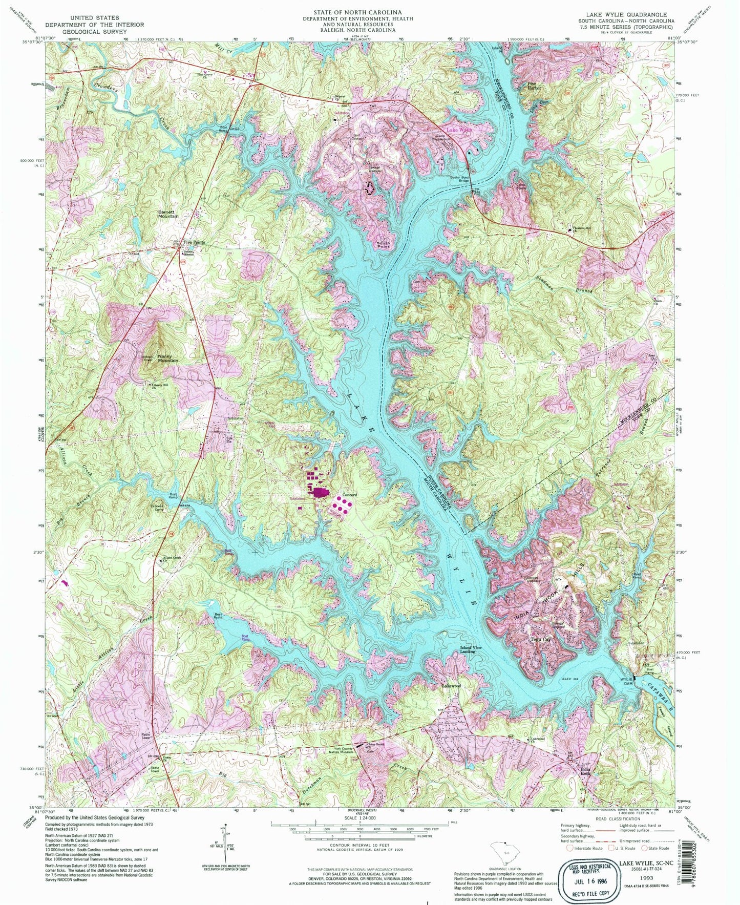 Classic USGS Lake Wylie South Carolina 7.5'x7.5' Topo Map Image