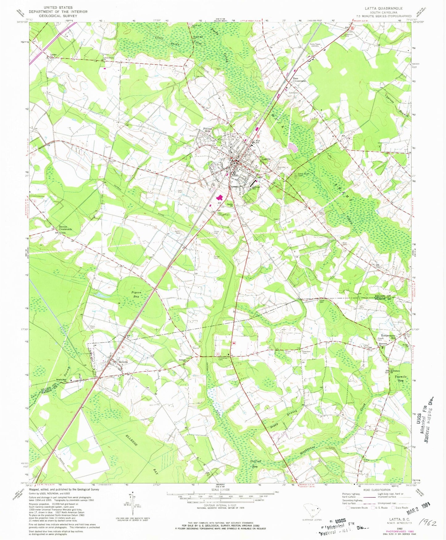 Classic USGS Latta South Carolina 7.5'x7.5' Topo Map Image