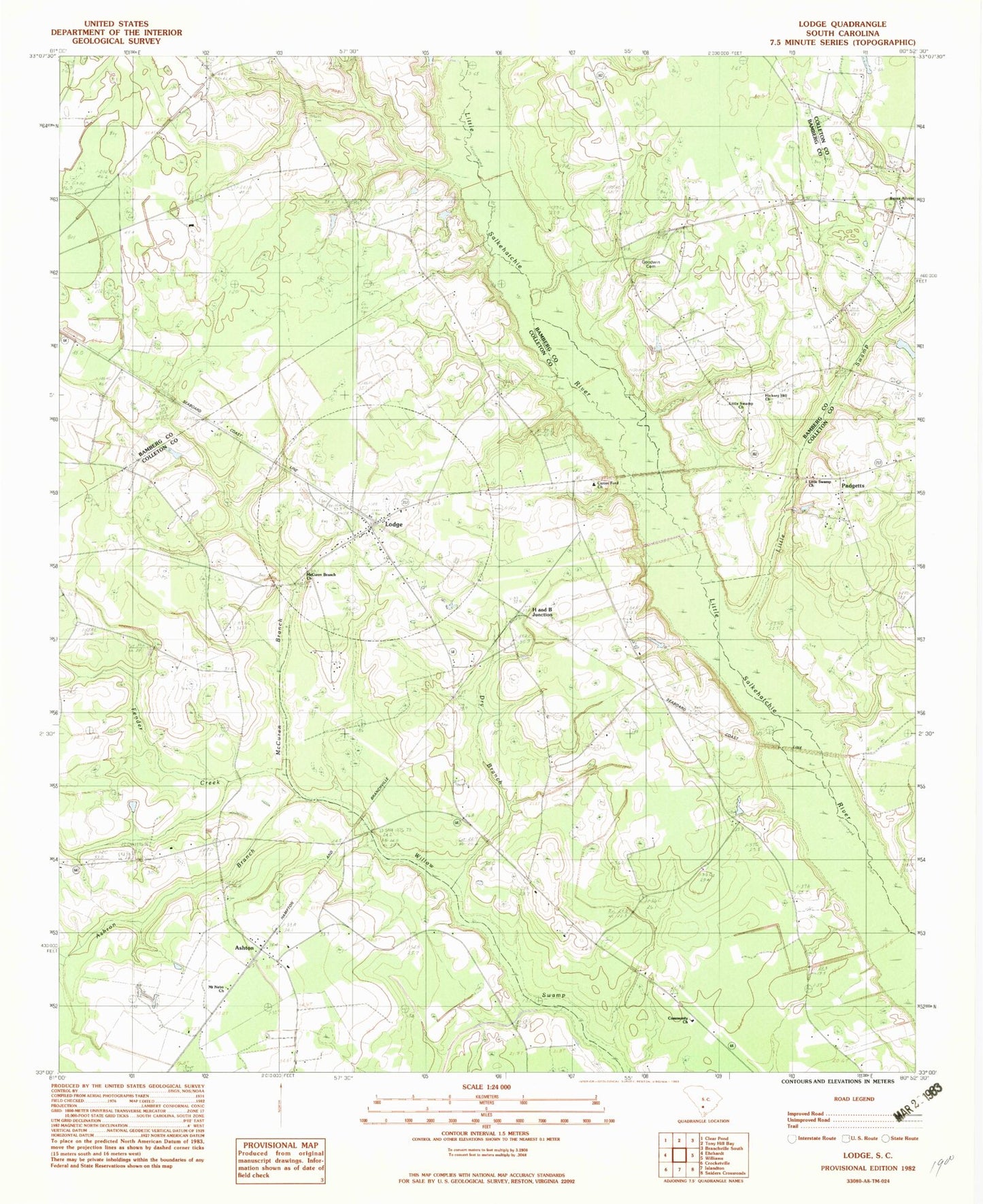 Classic USGS Lodge South Carolina 7.5'x7.5' Topo Map Image