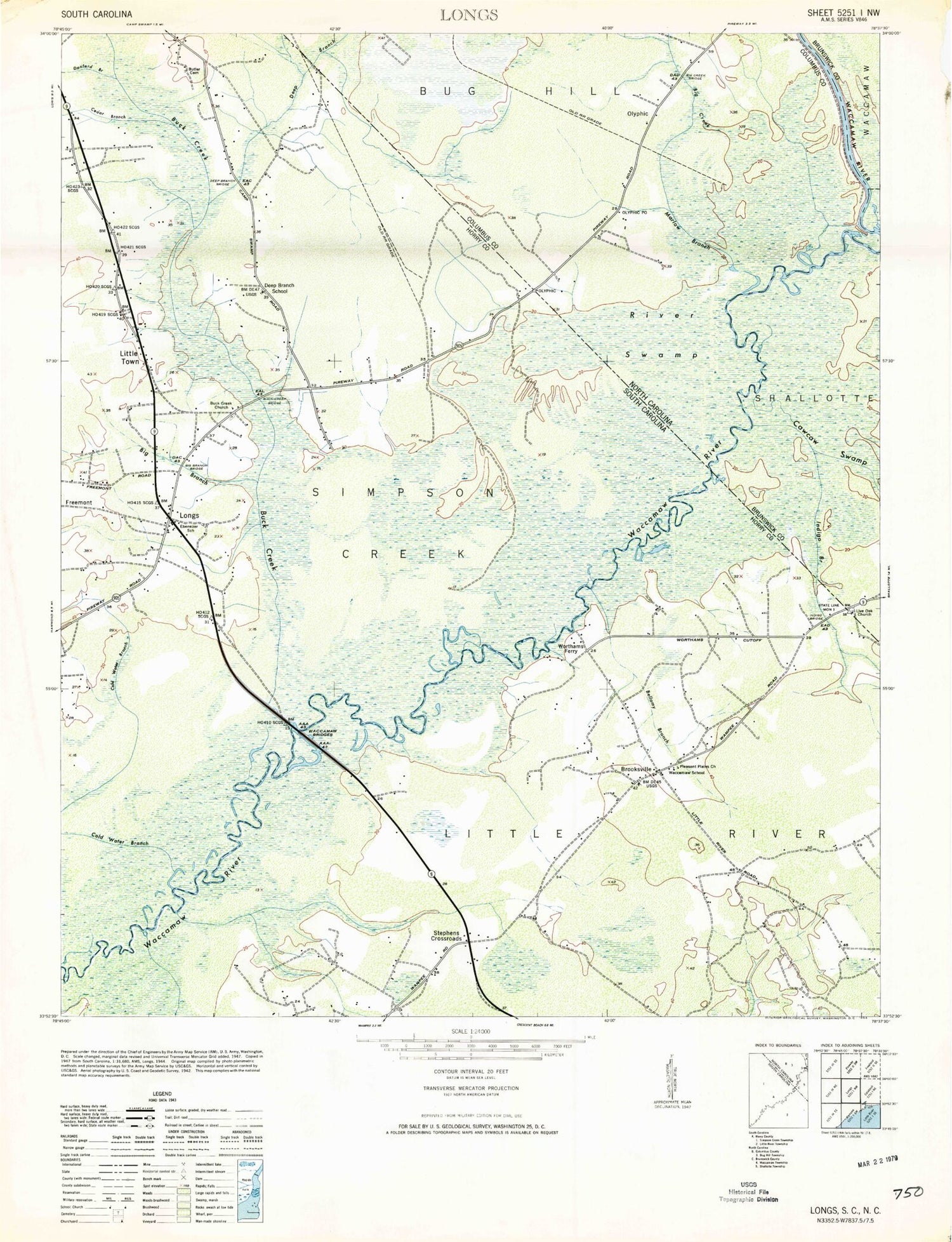 Classic USGS Longs South Carolina 7.5'x7.5' Topo Map Image