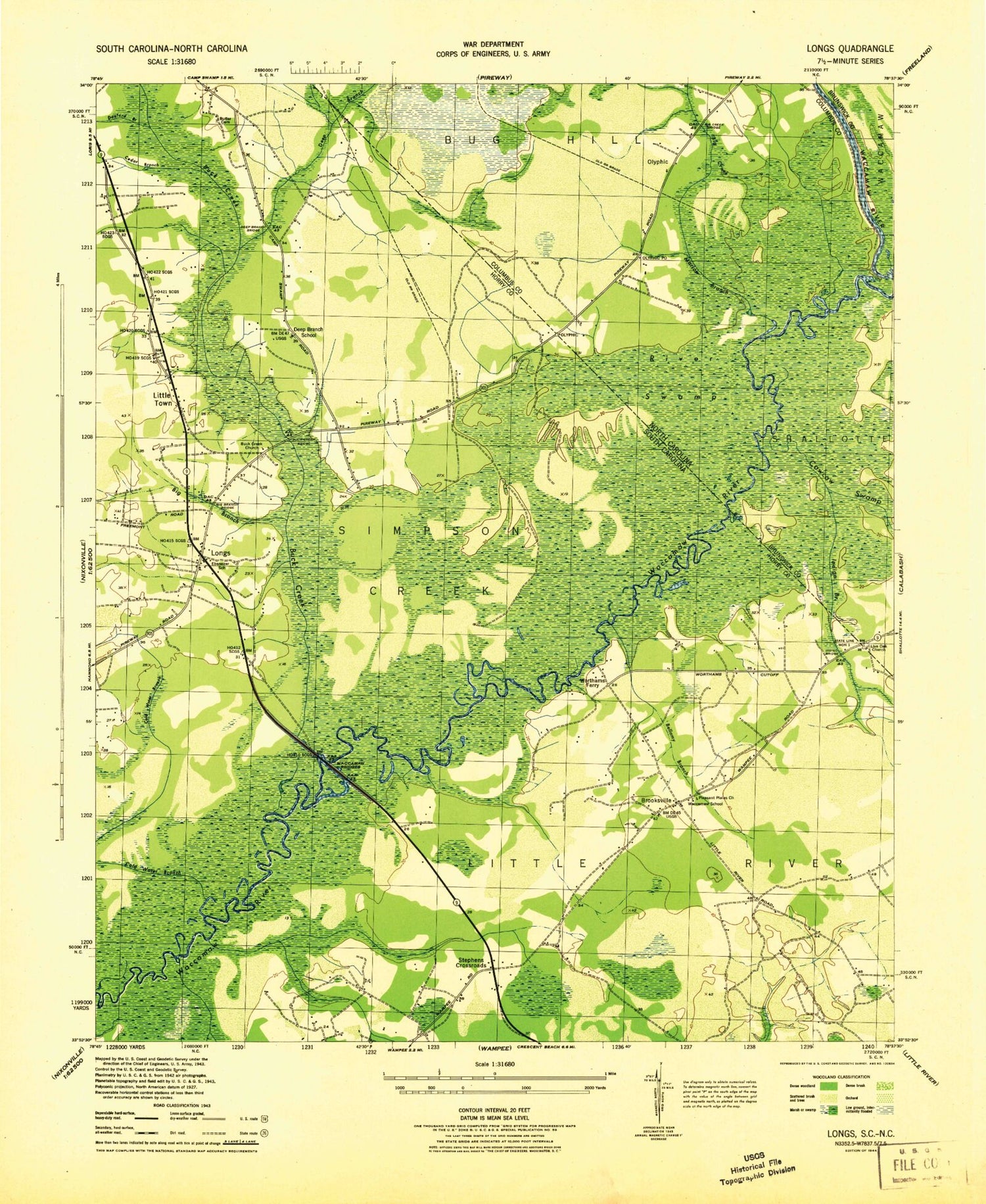 Classic USGS Longs South Carolina 7.5'x7.5' Topo Map Image