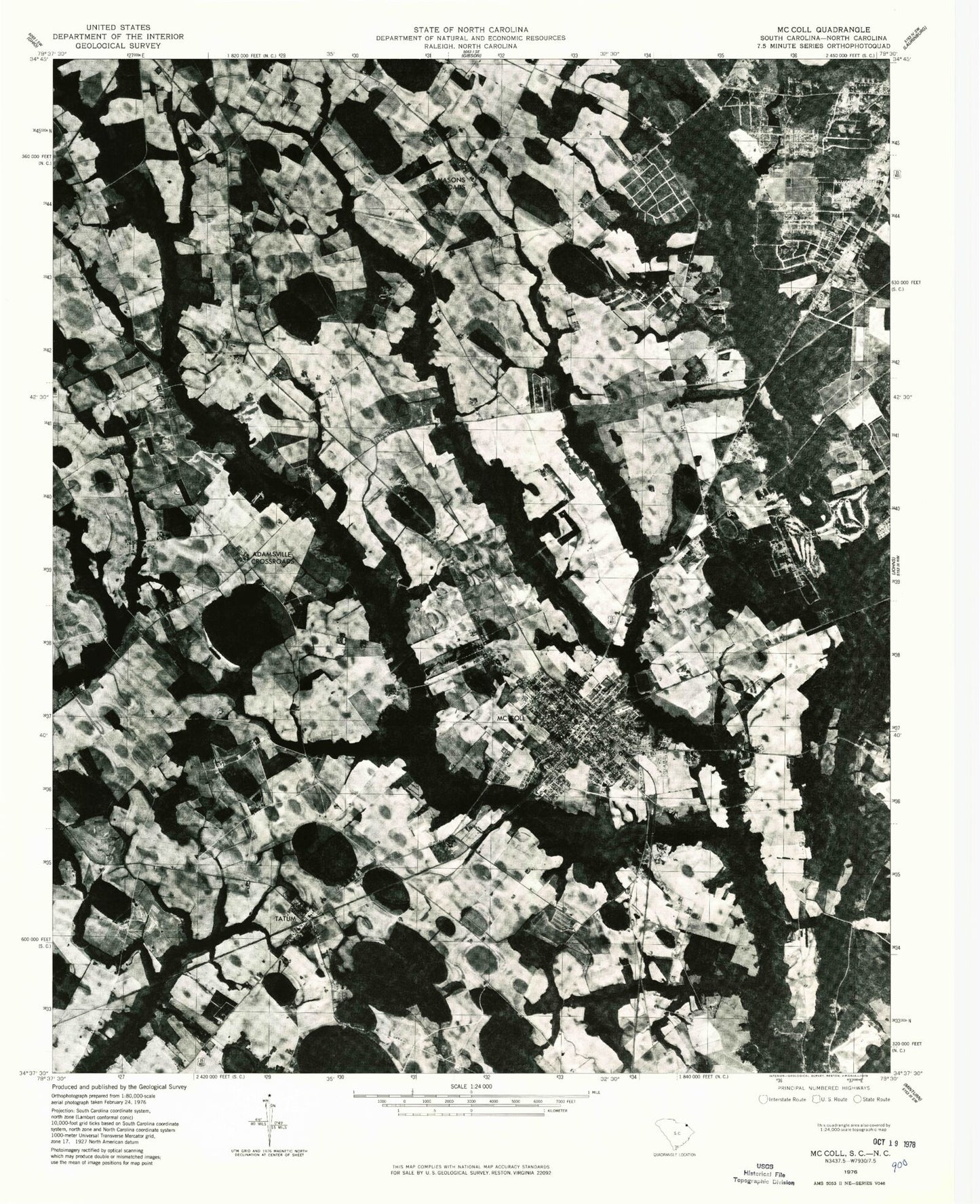 Classic USGS McColl South Carolina 7.5'x7.5' Topo Map Image