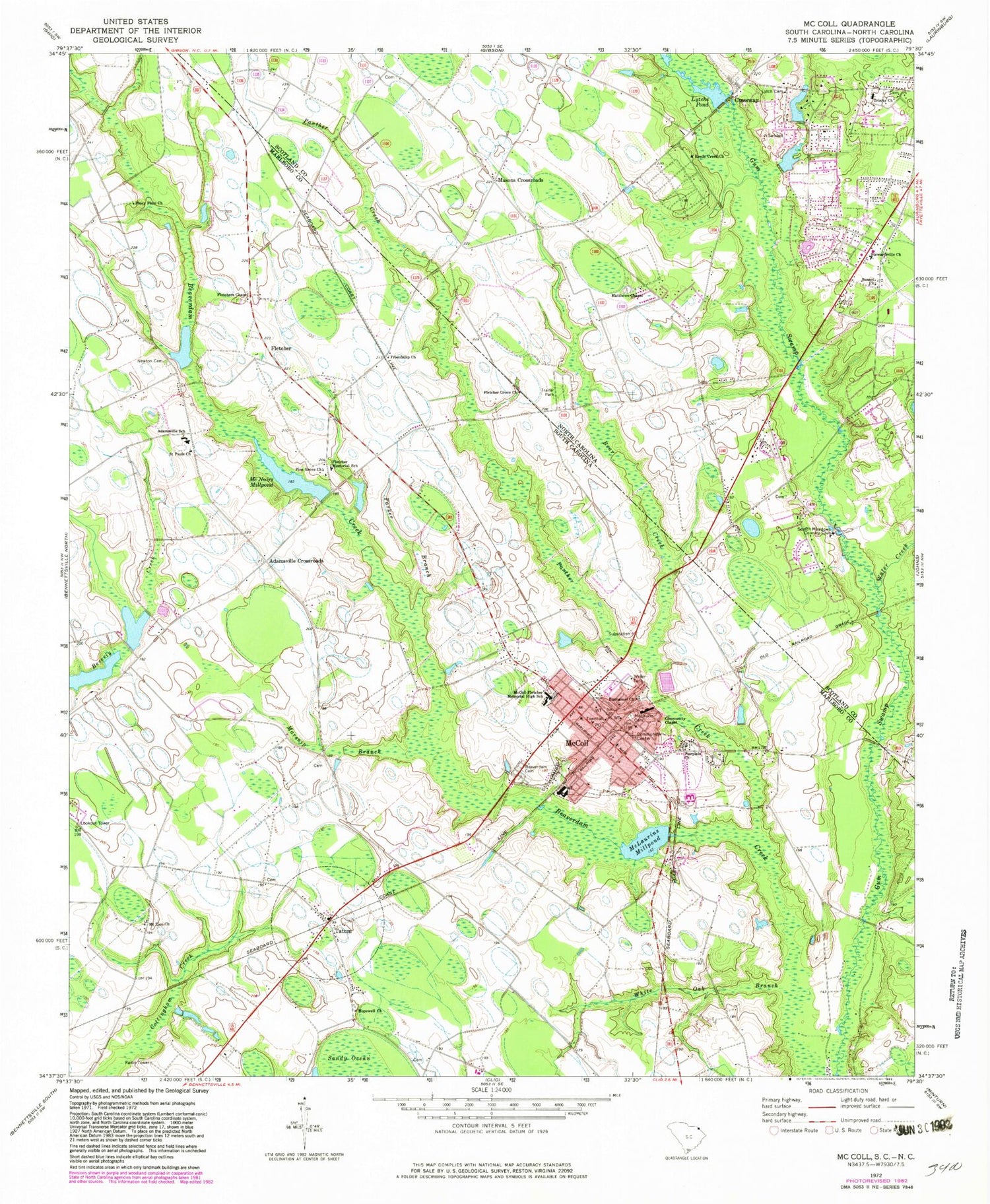Classic USGS McColl South Carolina 7.5'x7.5' Topo Map Image