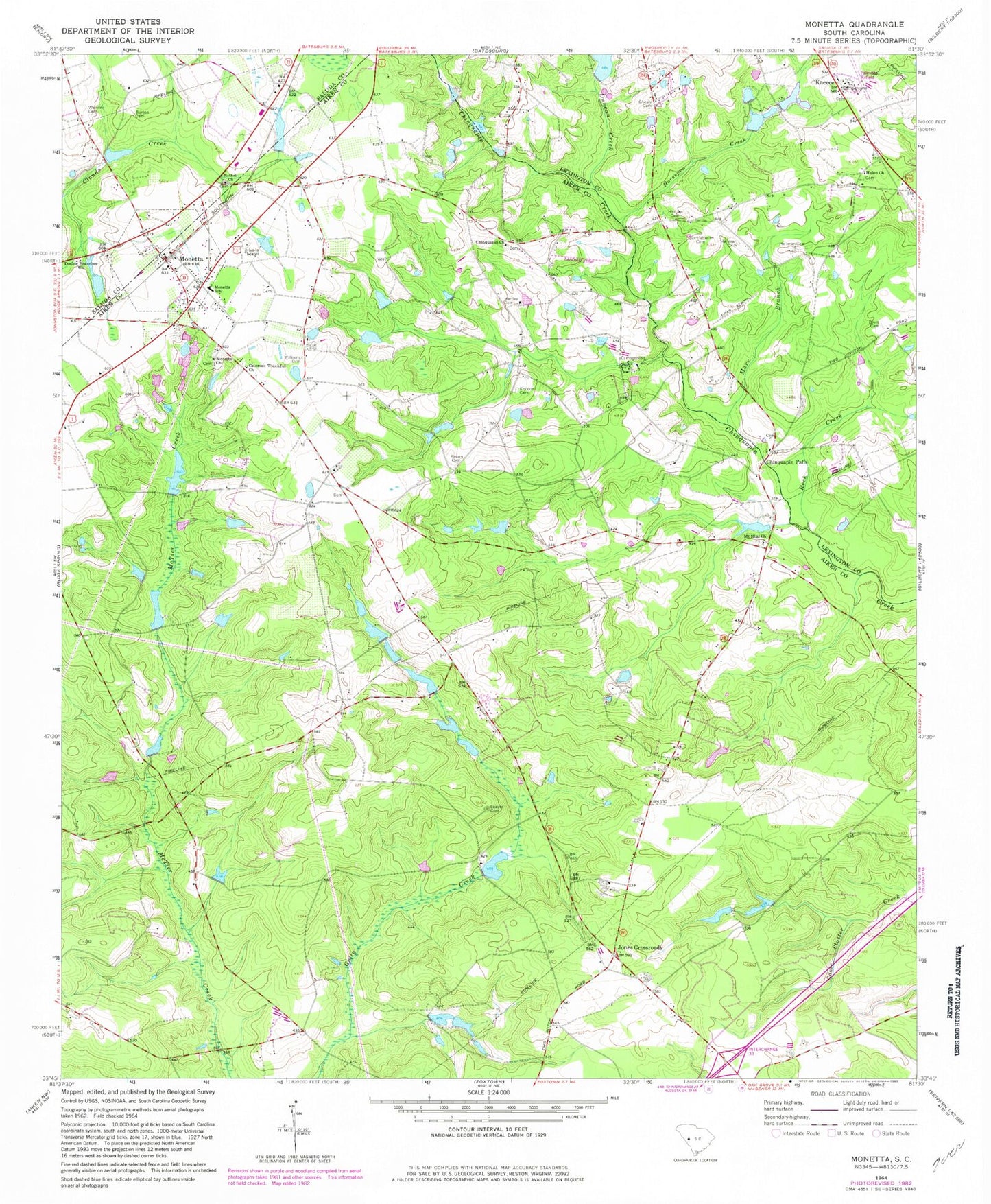 Classic USGS Monetta South Carolina 7.5'x7.5' Topo Map Image