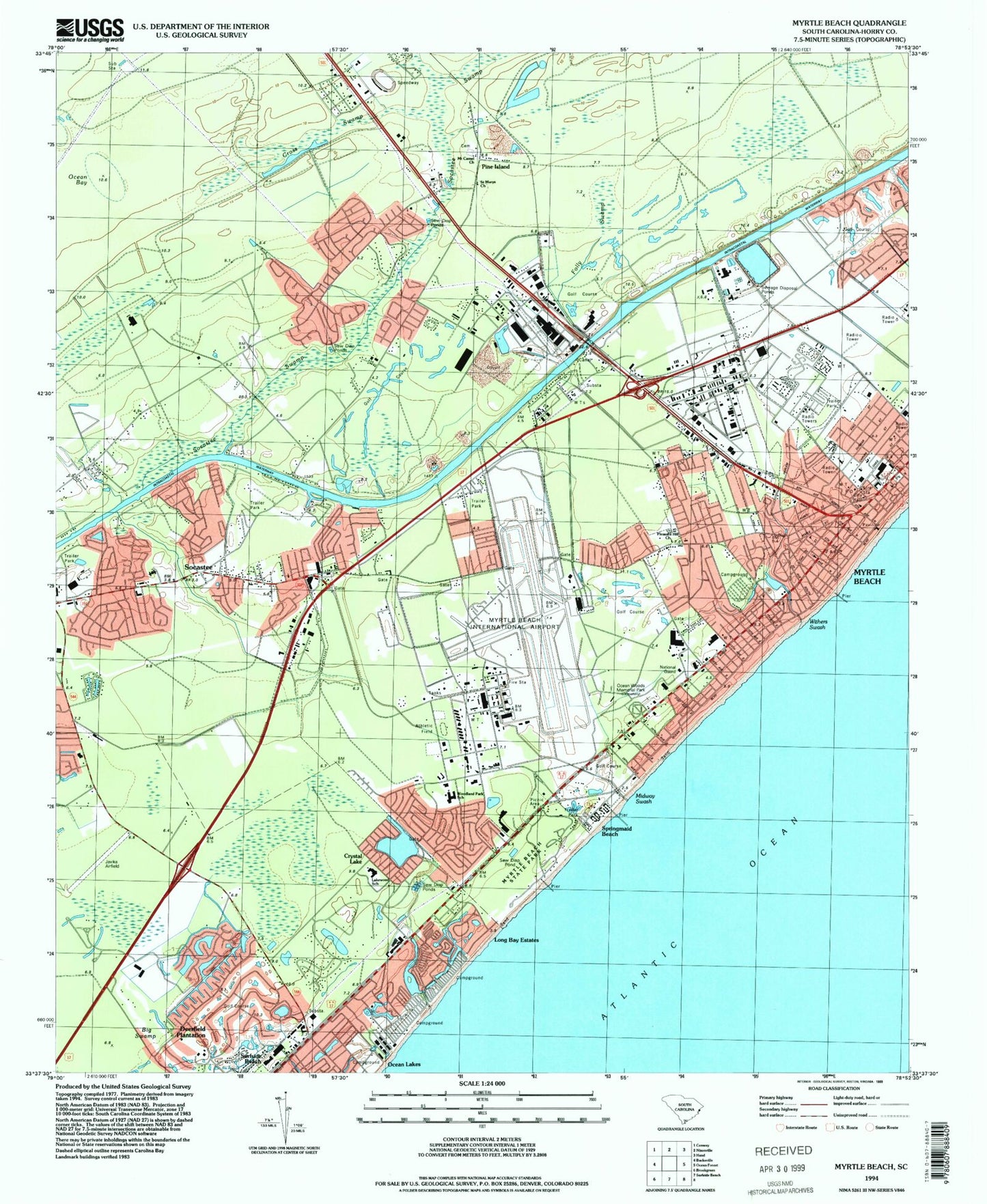 Classic USGS Myrtle Beach South Carolina 7.5'x7.5' Topo Map Image