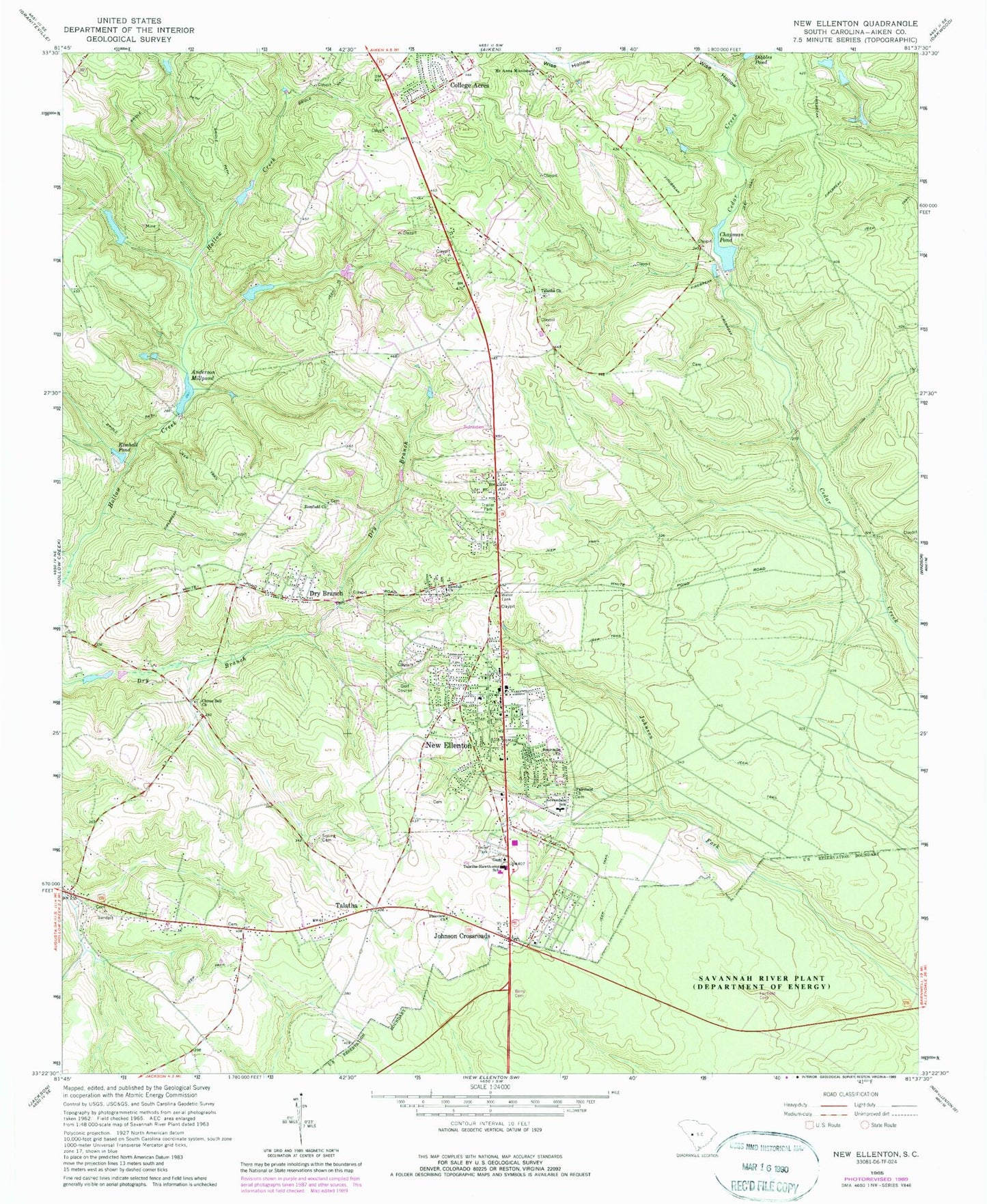 Classic USGS New Ellenton South Carolina 7.5'x7.5' Topo Map Image