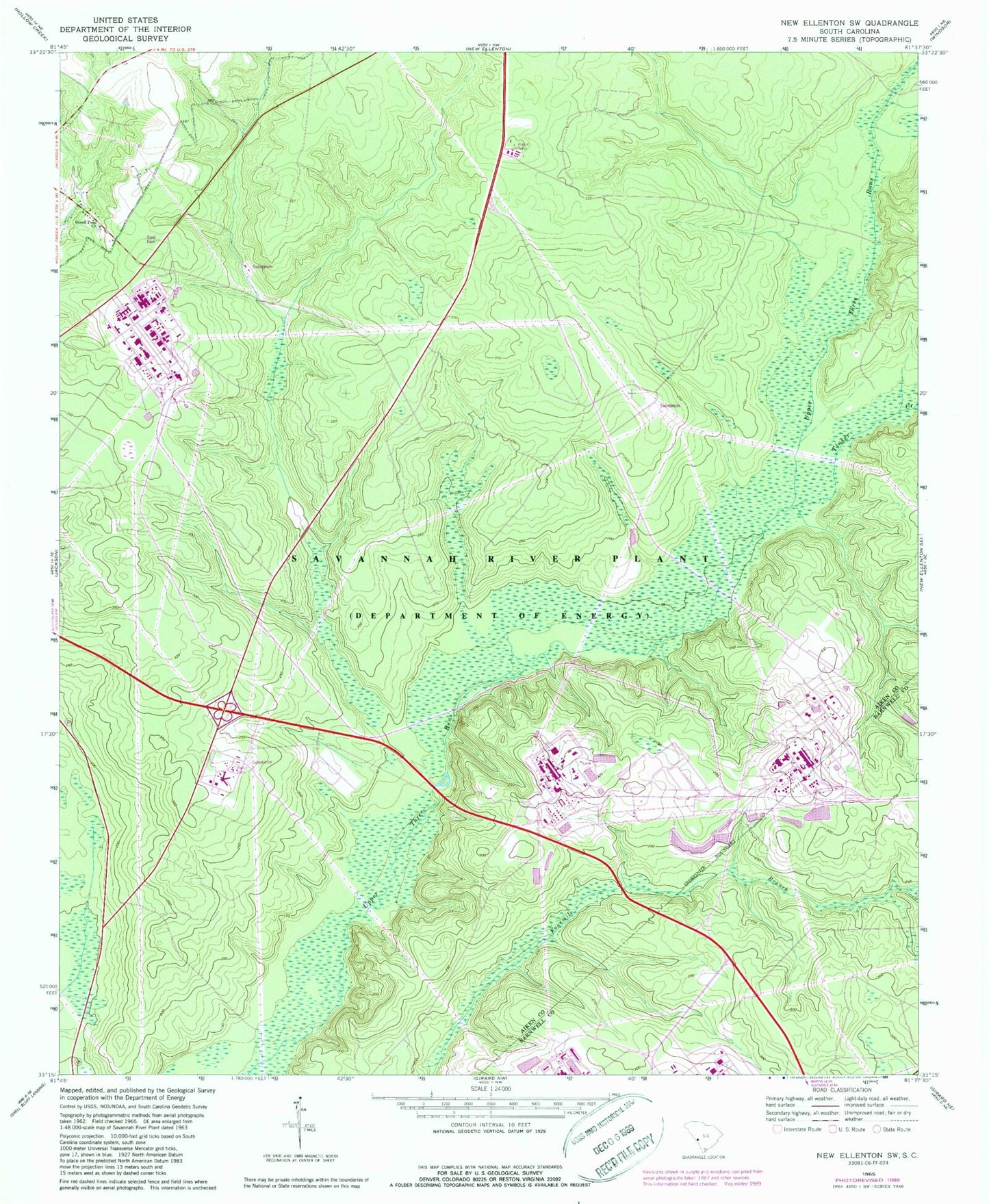 Classic USGS New Ellenton SW South Carolina 7.5'x7.5' Topo Map Image