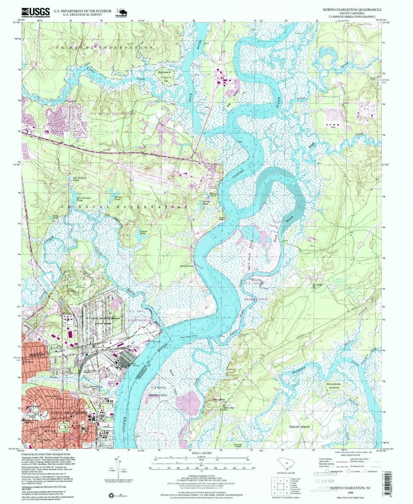 Classic USGS North Charleston South Carolina 7.5'x7.5' Topo Map Image