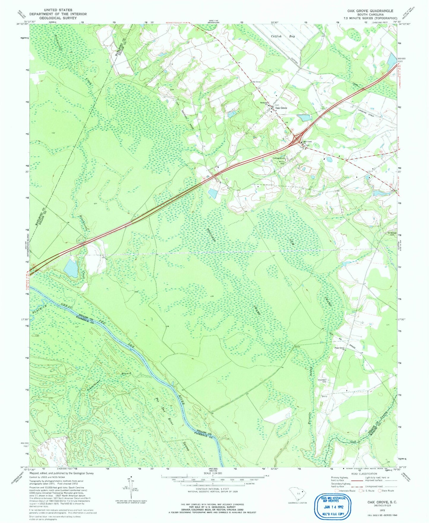 Classic USGS Oak Grove South Carolina 7.5'x7.5' Topo Map Image