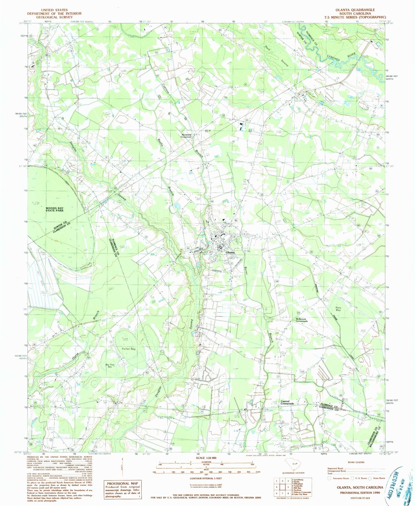 Classic USGS Olanta South Carolina 7.5'x7.5' Topo Map Image