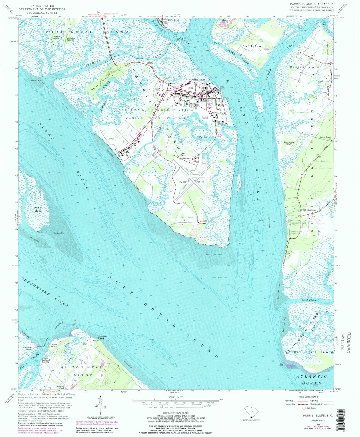Classic USGS Parris Island South Carolina 7.5'x7.5' Topo Map Image