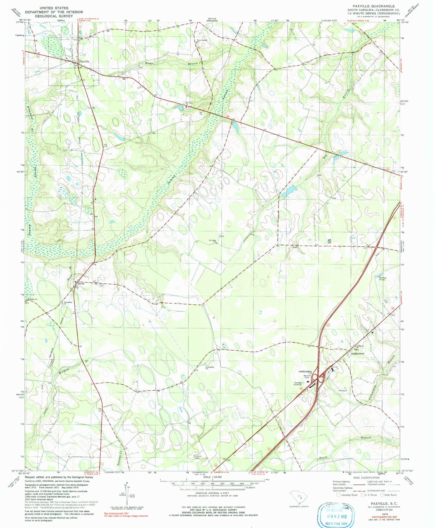 Classic USGS Paxville South Carolina 7.5'x7.5' Topo Map Image
