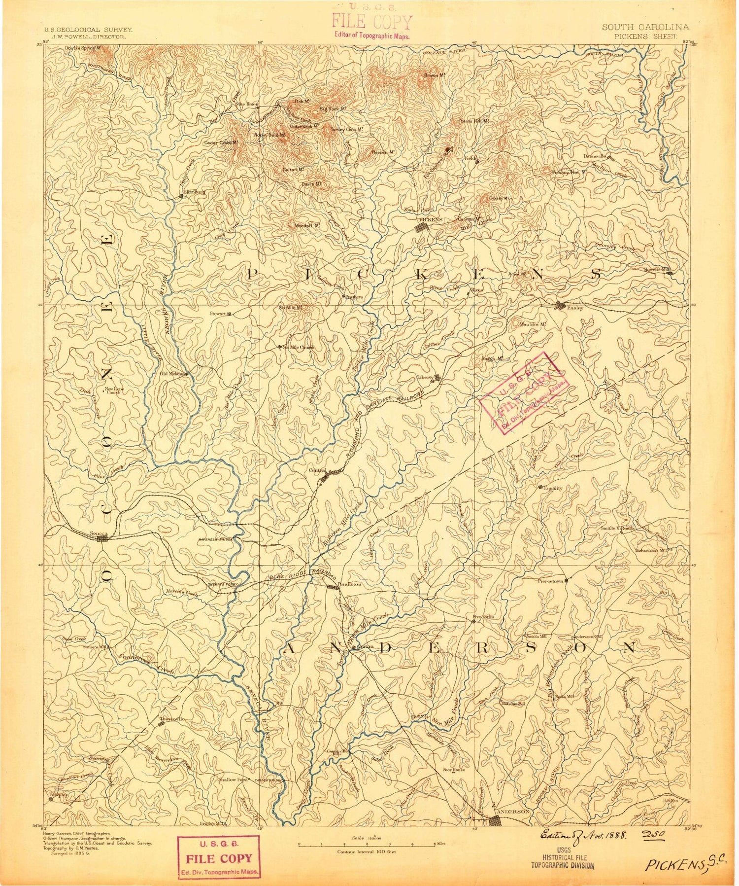 Historic 1888 Pickens South Carolina 30'x30' Topo Map Image