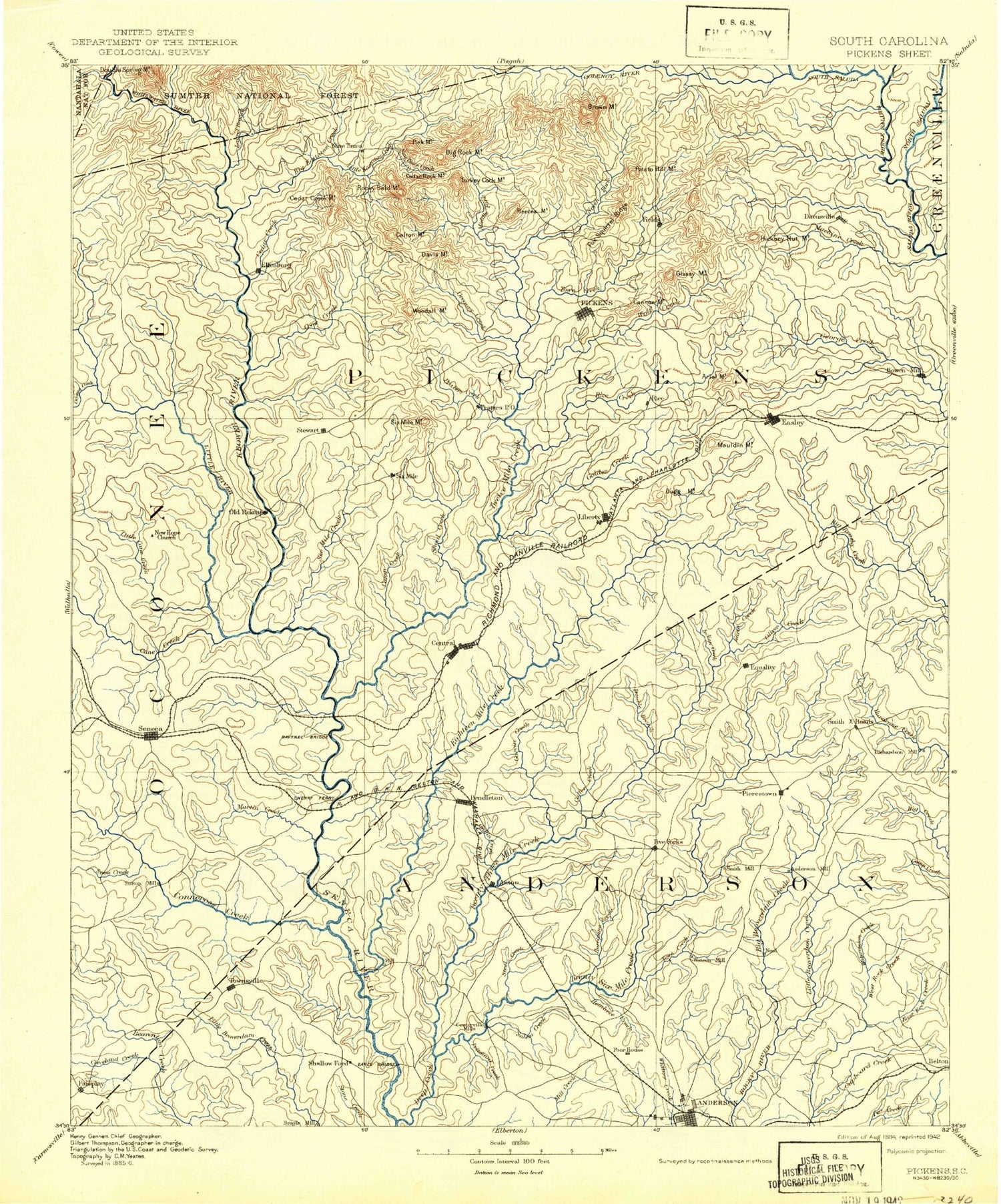 Historic 1894 Pickens South Carolina 30'x30' Topo Map Image
