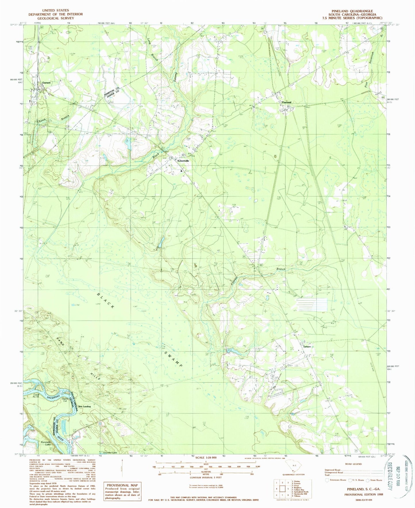 Classic USGS Pineland South Carolina 7.5'x7.5' Topo Map Image