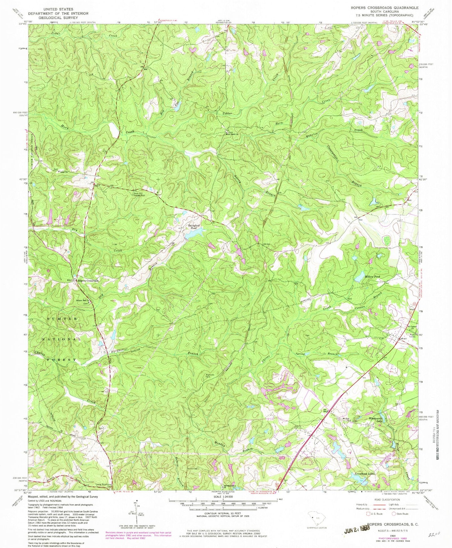Classic USGS Ropers Crossroads South Carolina 7.5'x7.5' Topo Map Image