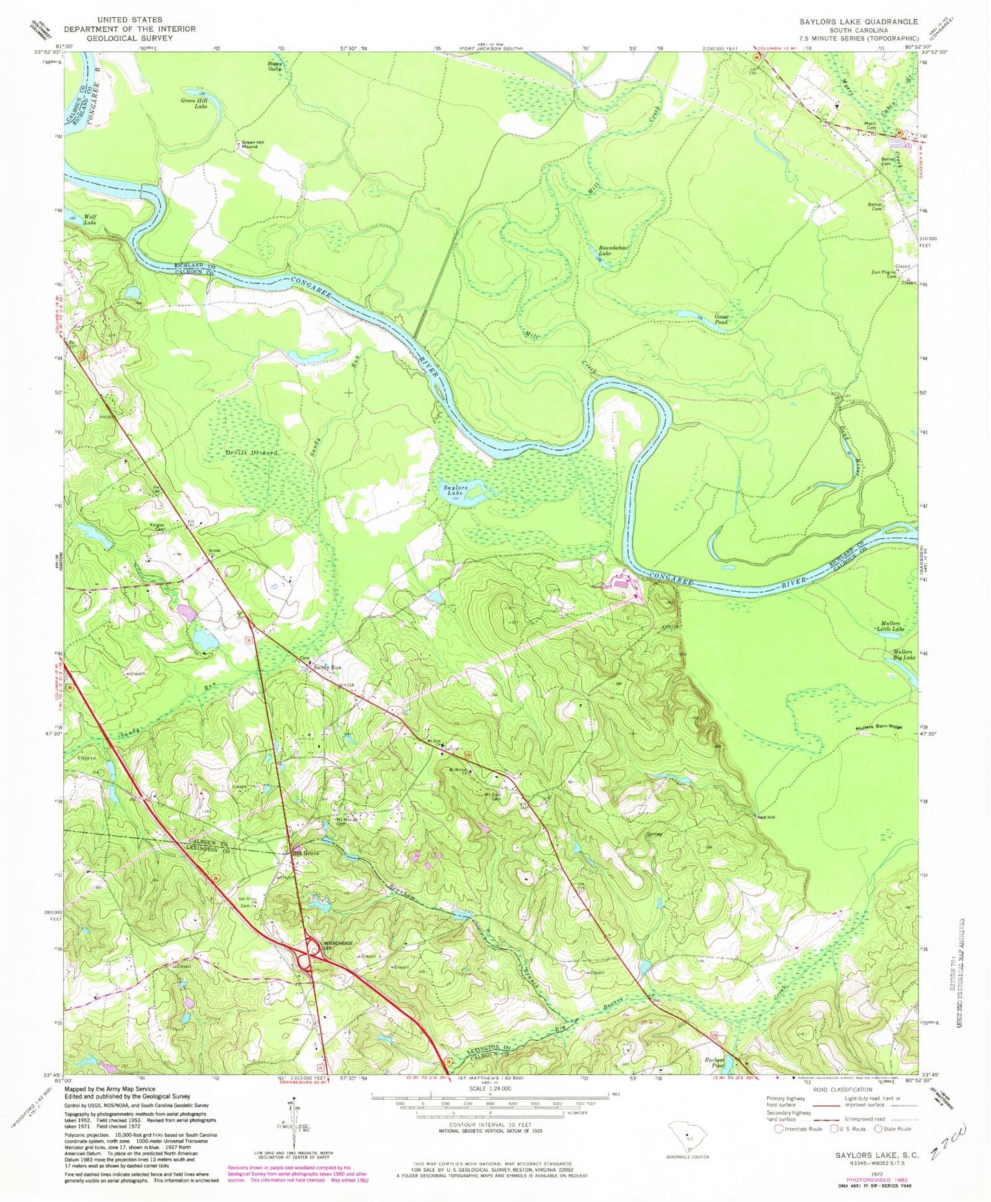Classic USGS Saylors Lake South Carolina 7.5'x7.5' Topo Map Image