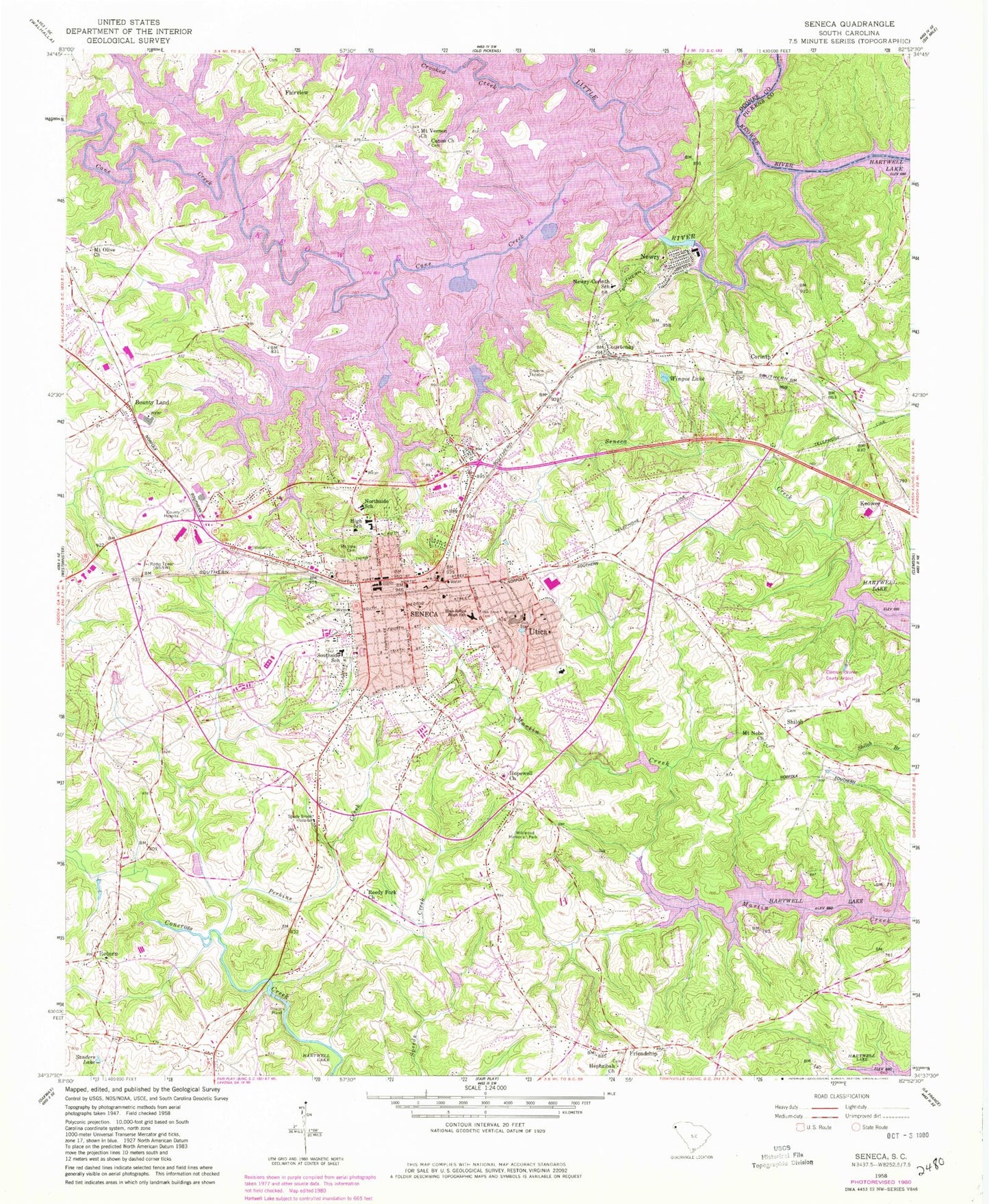 Classic USGS Seneca South Carolina 7.5'x7.5' Topo Map Image