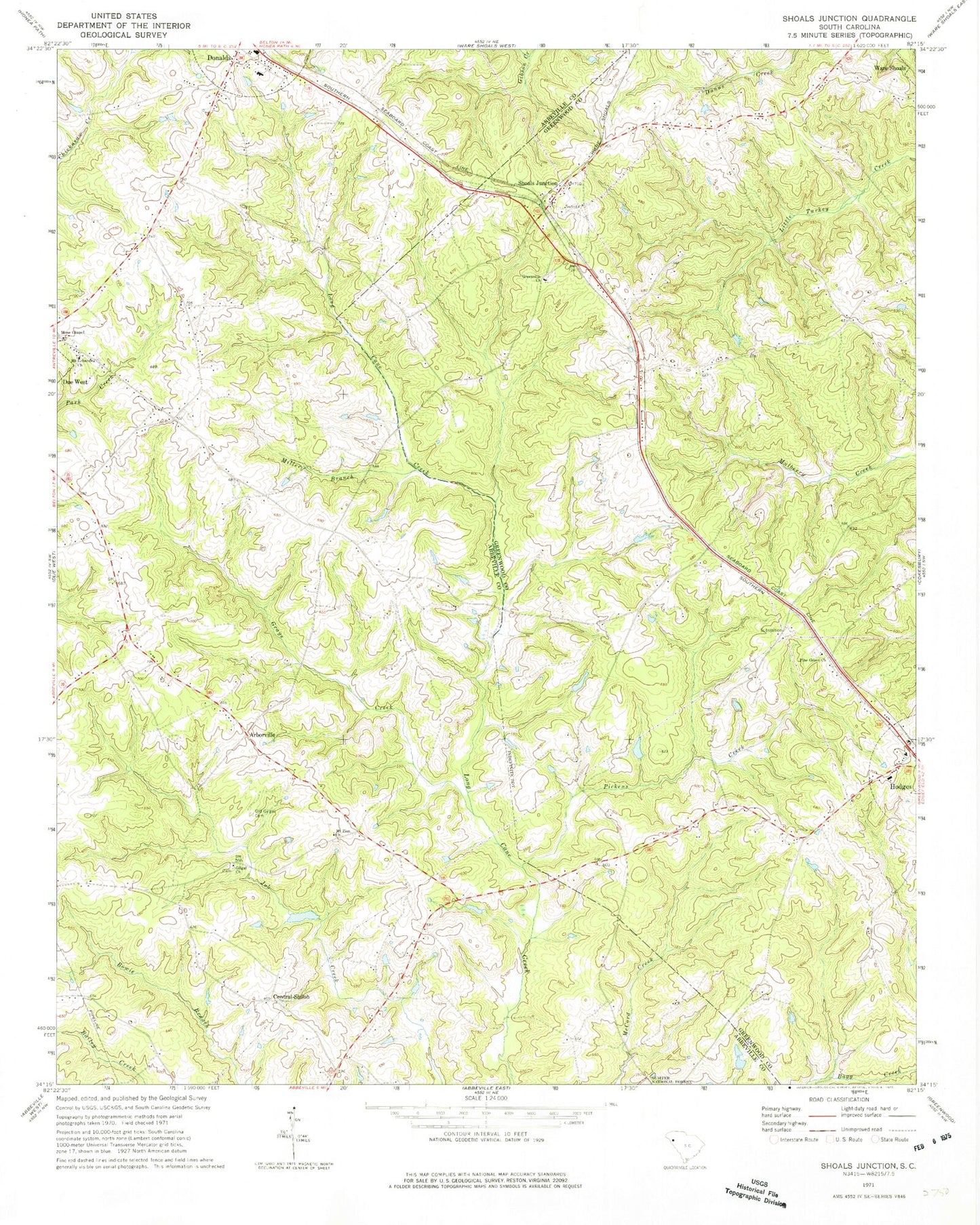 Classic USGS Shoals Junction South Carolina 7.5'x7.5' Topo Map Image