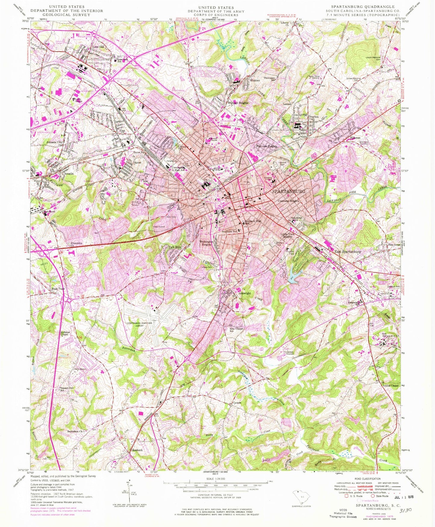 Classic USGS Spartanburg South Carolina 7.5'x7.5' Topo Map Image