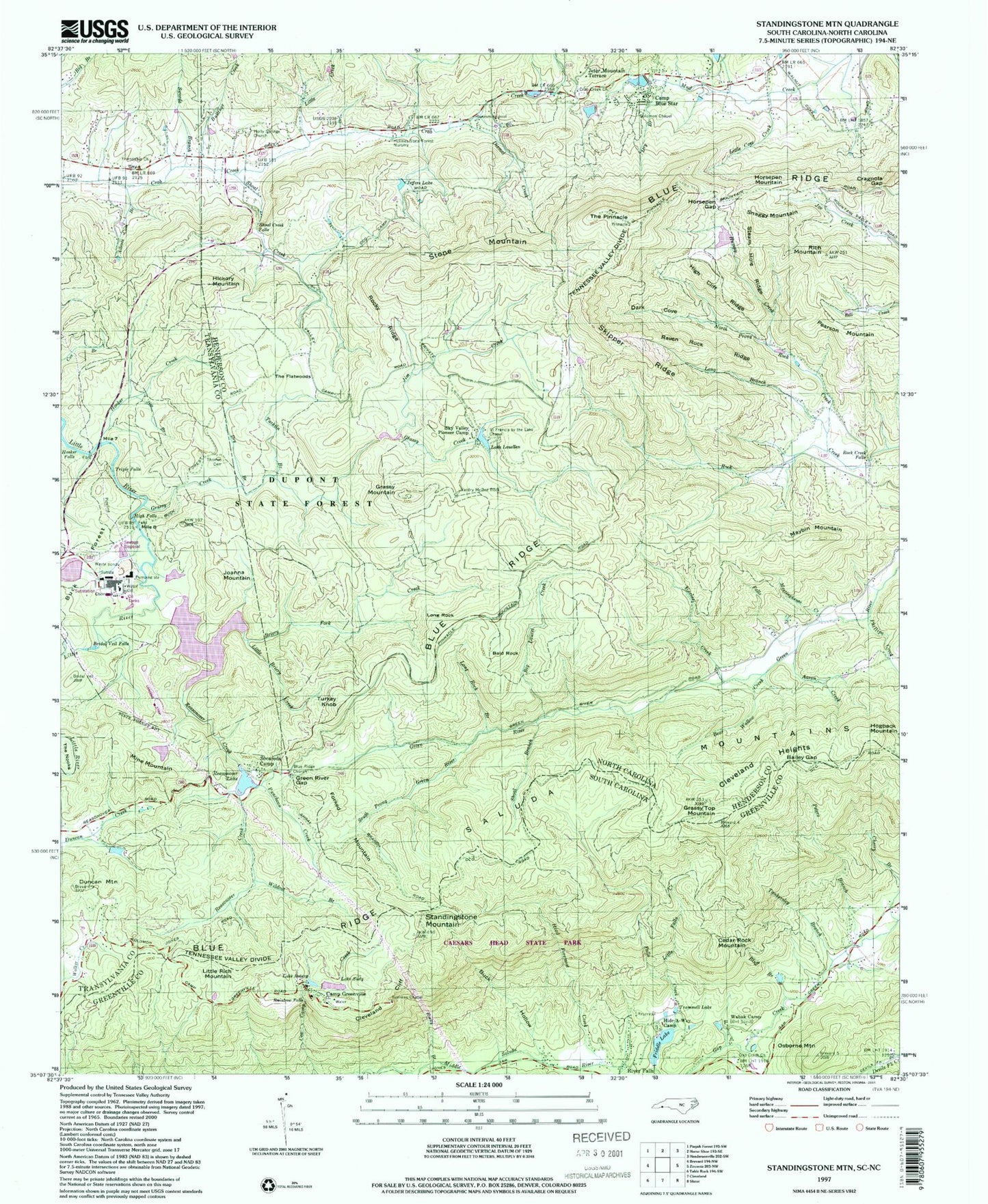 Classic USGS Standingstone Mountain South Carolina 7.5'x7.5' Topo Map Image