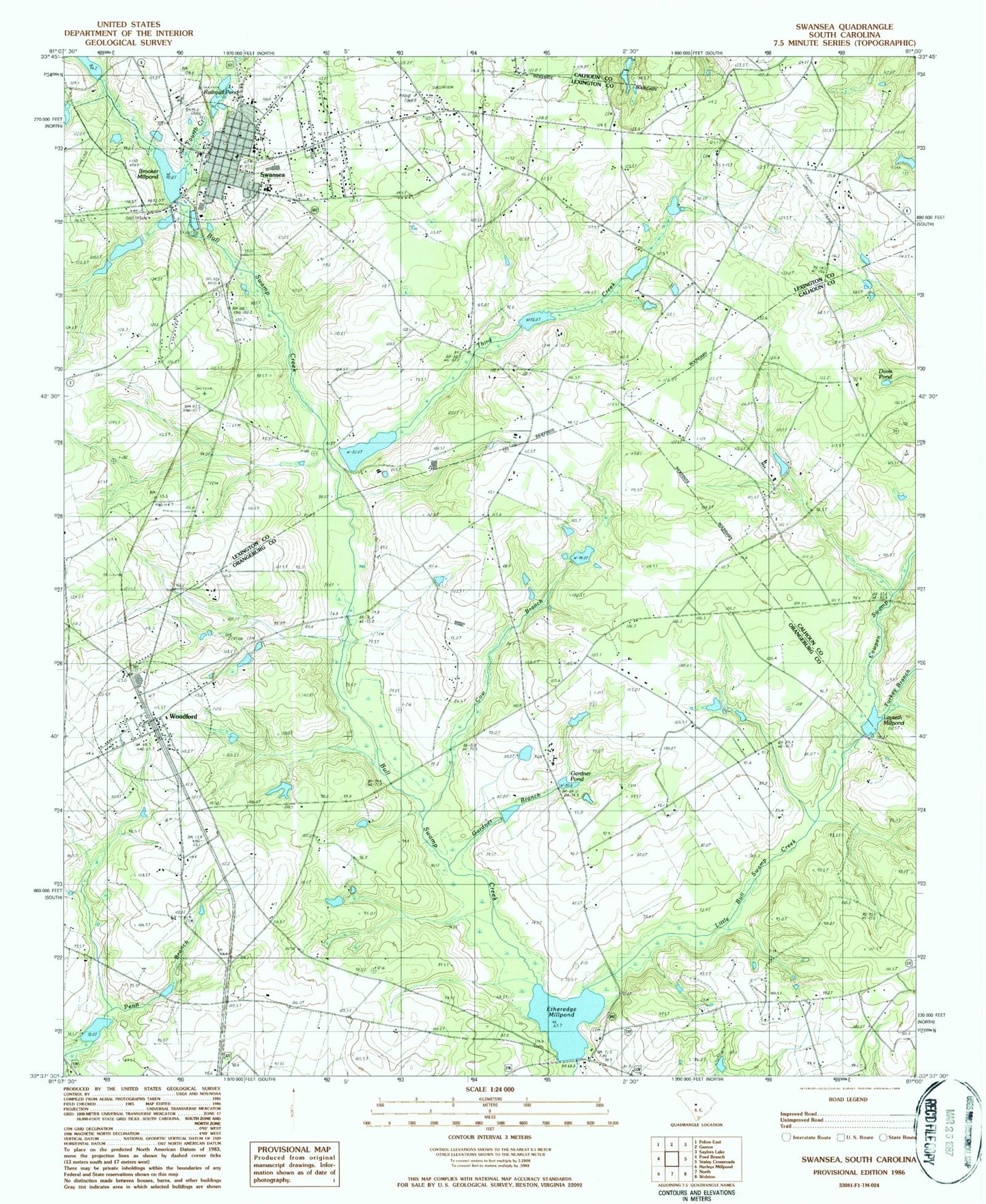 Classic USGS Swansea South Carolina 7.5'x7.5' Topo Map Image