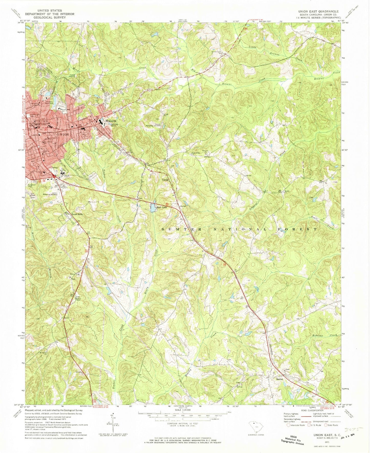 Classic USGS Union East South Carolina 7.5'x7.5' Topo Map Image