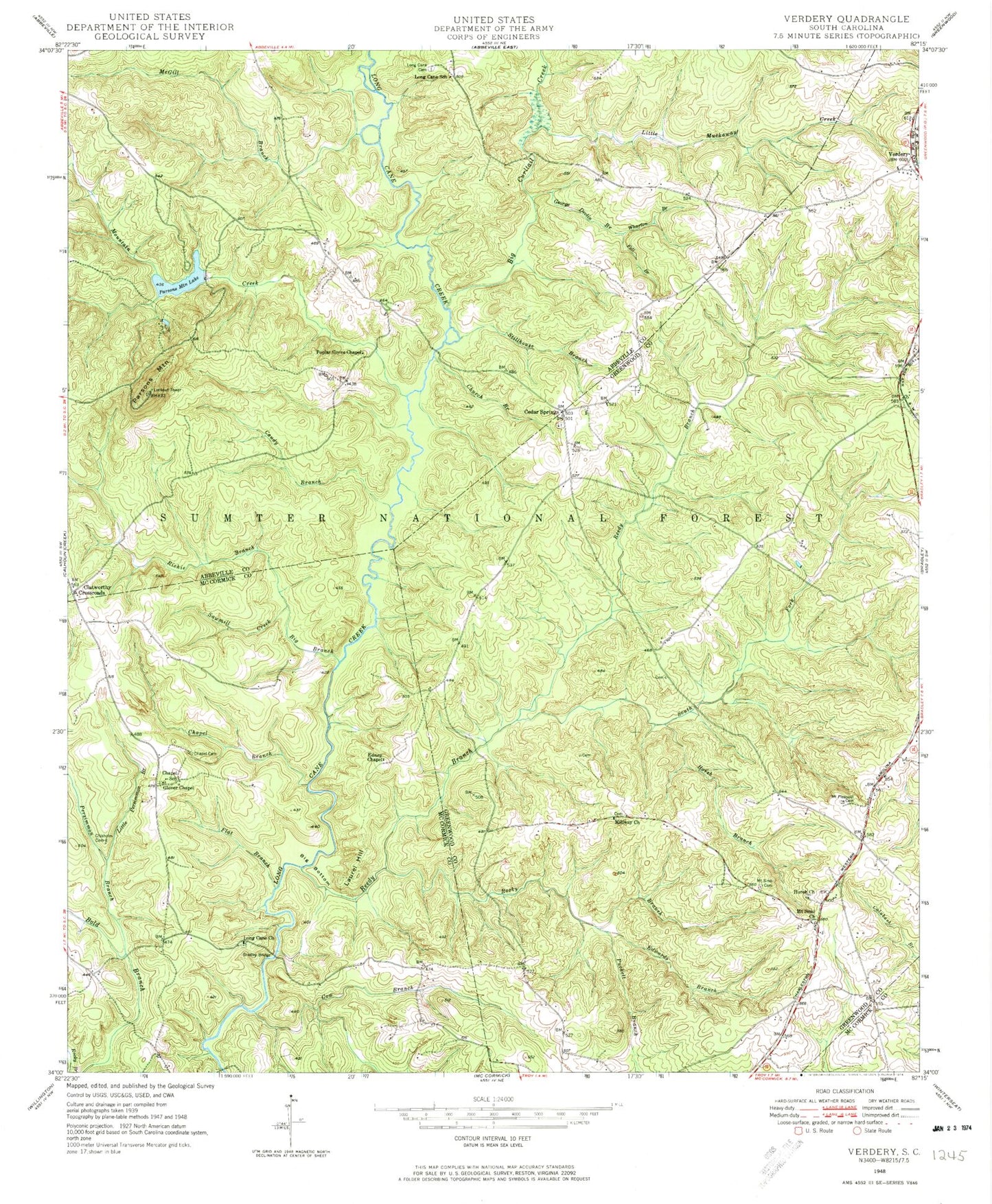 Classic USGS Verdery South Carolina 7.5'x7.5' Topo Map Image
