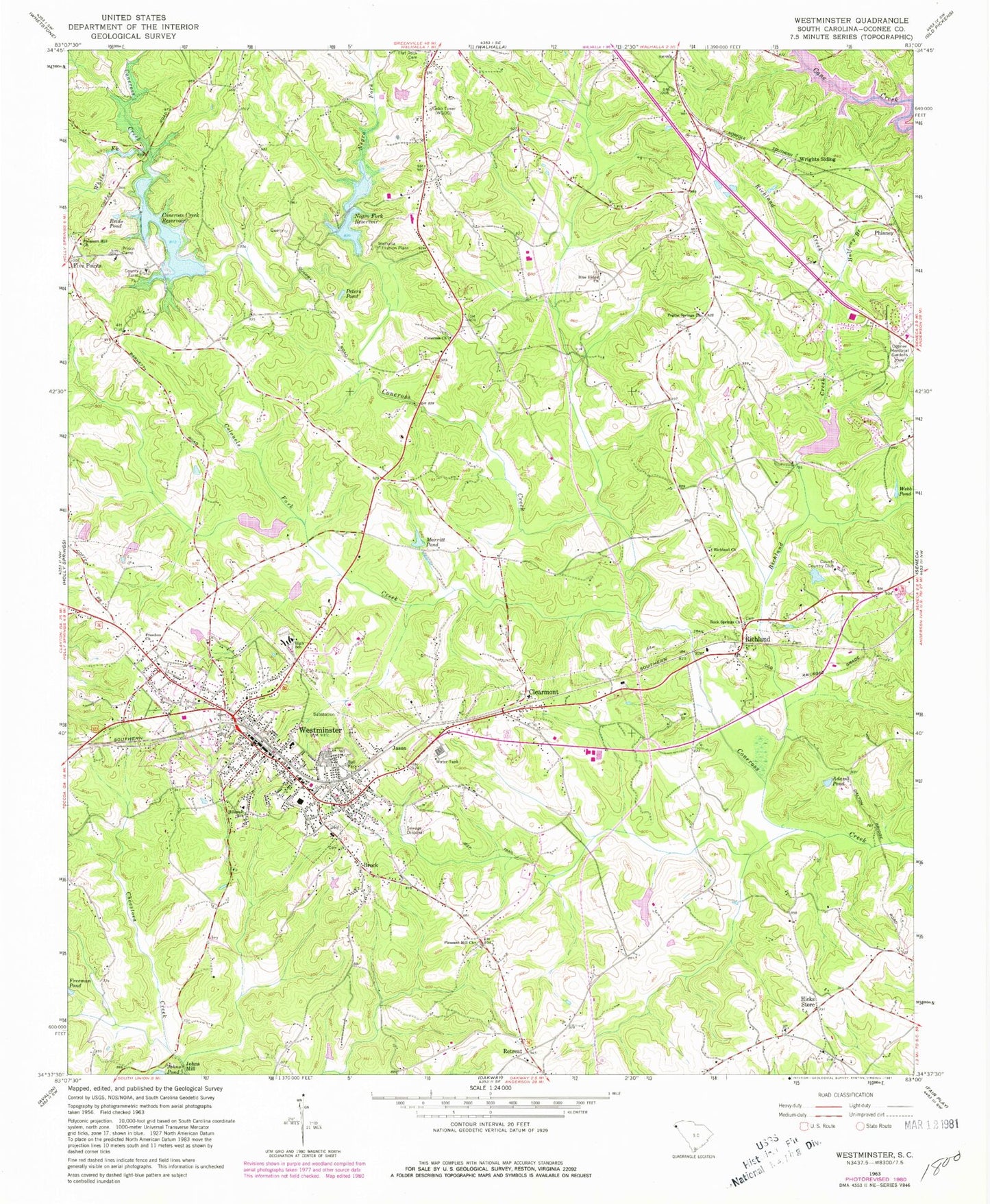 Classic USGS Westminster South Carolina 7.5'x7.5' Topo Map Image