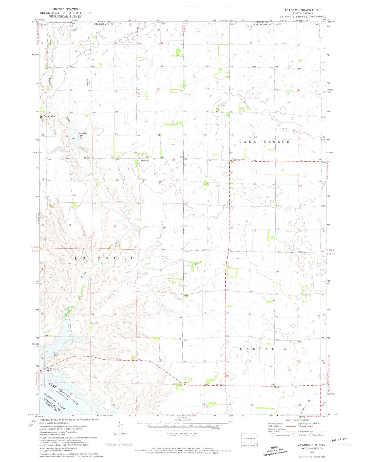 Classic USGS Academy South Dakota 7.5'x7.5' Topo Map Image
