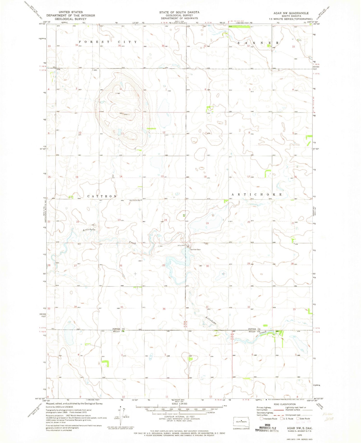 Classic USGS Agar NW South Dakota 7.5'x7.5' Topo Map Image