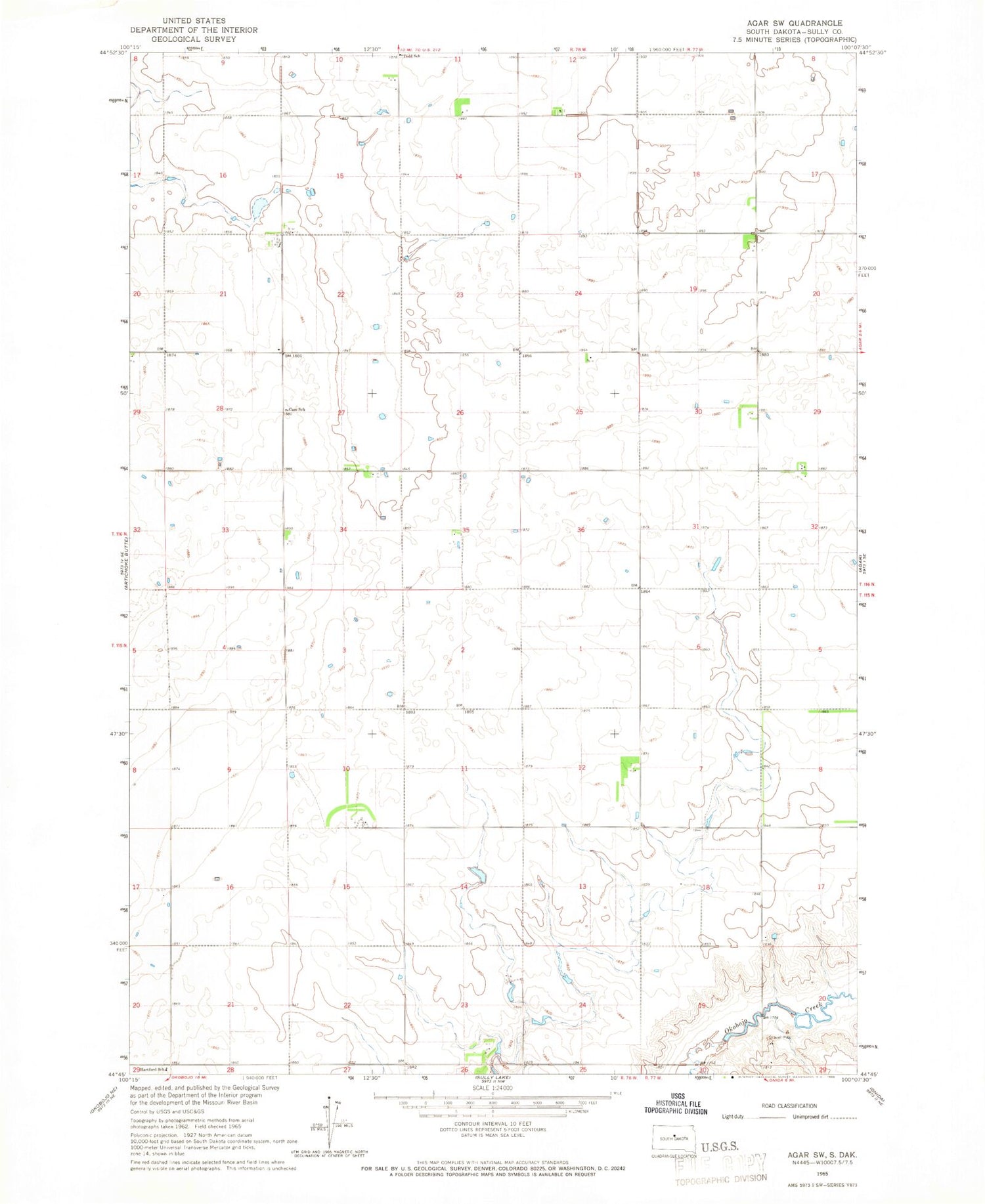 Classic USGS Agar SW South Dakota 7.5'x7.5' Topo Map Image