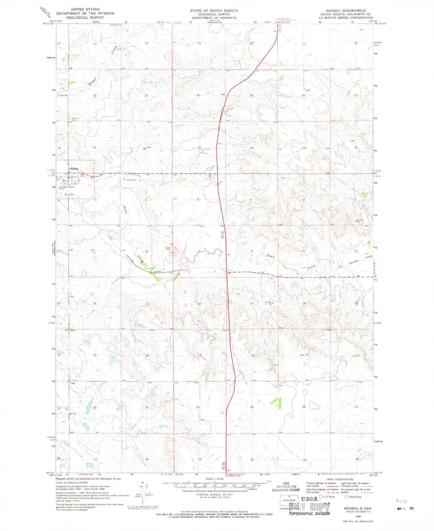 Classic USGS Akaska South Dakota 7.5'x7.5' Topo Map Image
