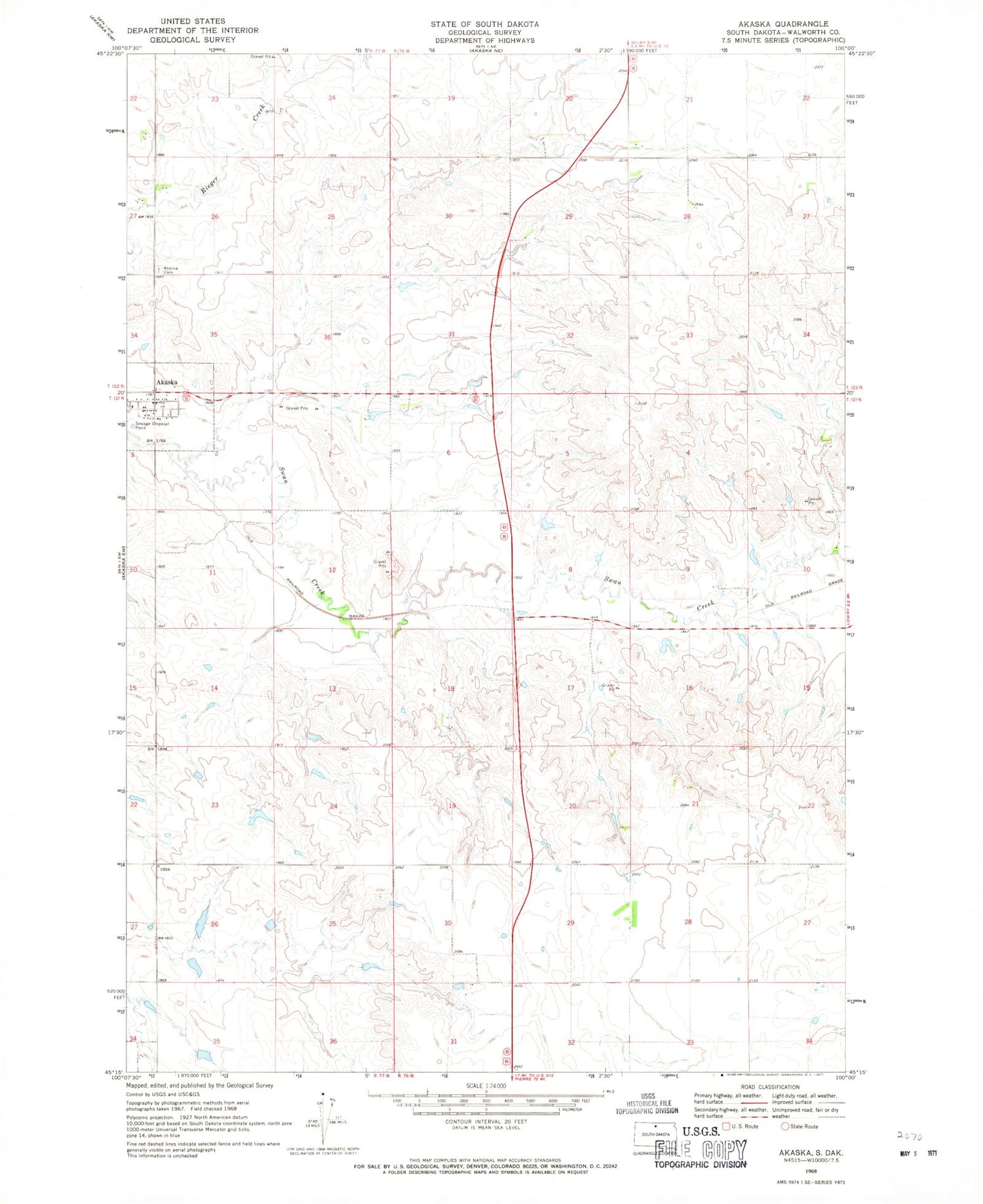 Classic USGS Akaska South Dakota 7.5'x7.5' Topo Map Image