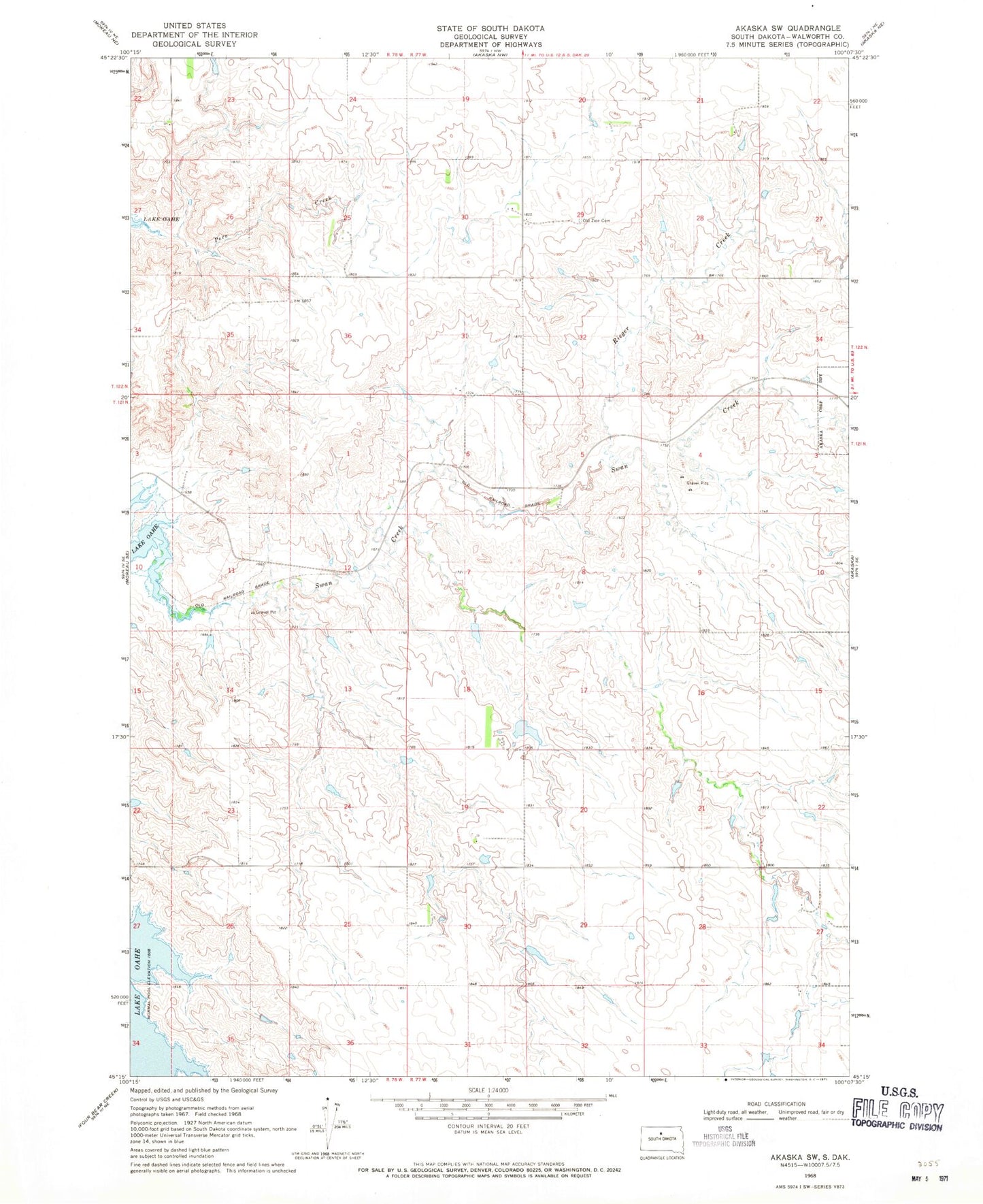 Classic USGS Akaska SW South Dakota 7.5'x7.5' Topo Map Image