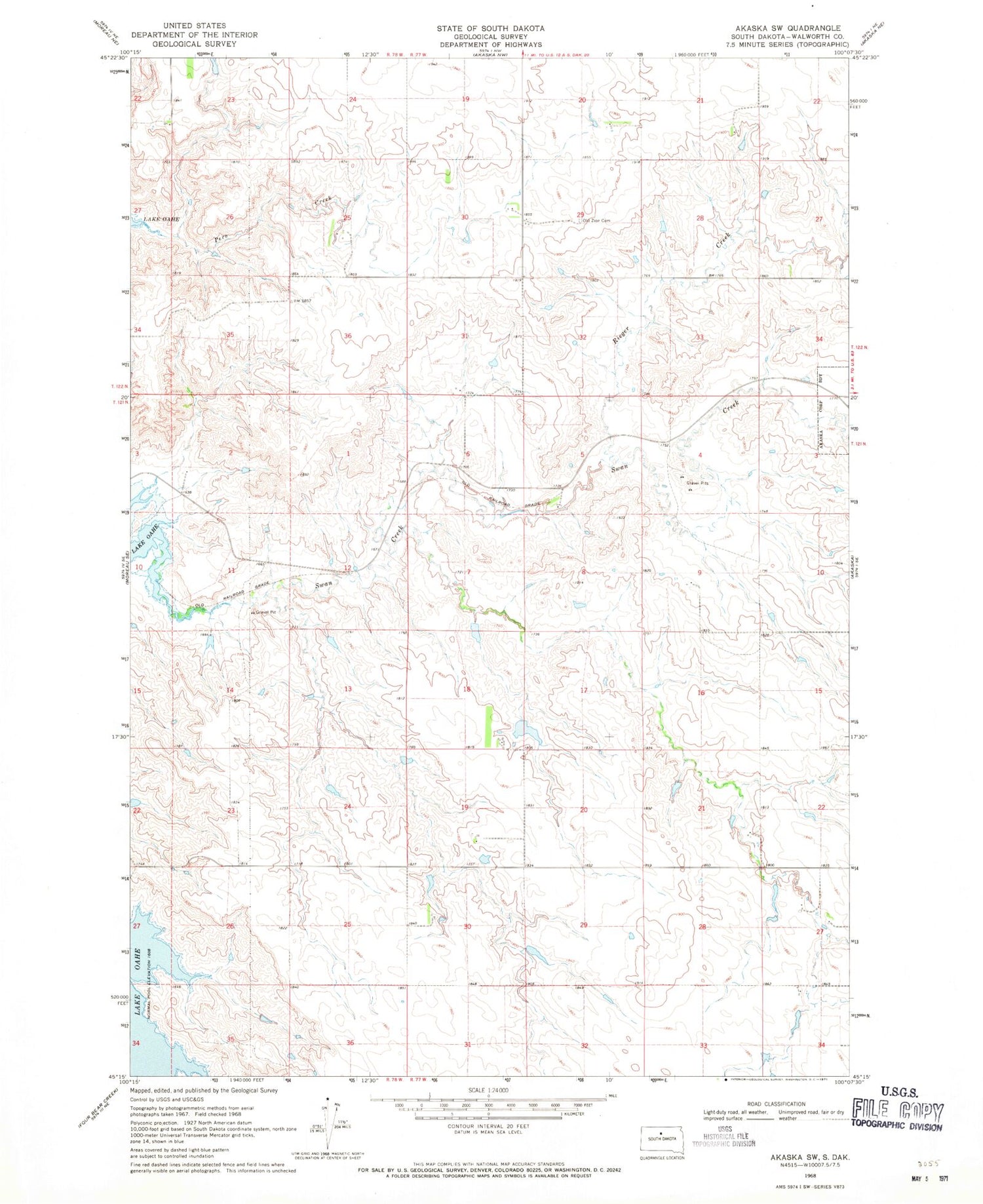 Classic USGS Akaska SW South Dakota 7.5'x7.5' Topo Map Image